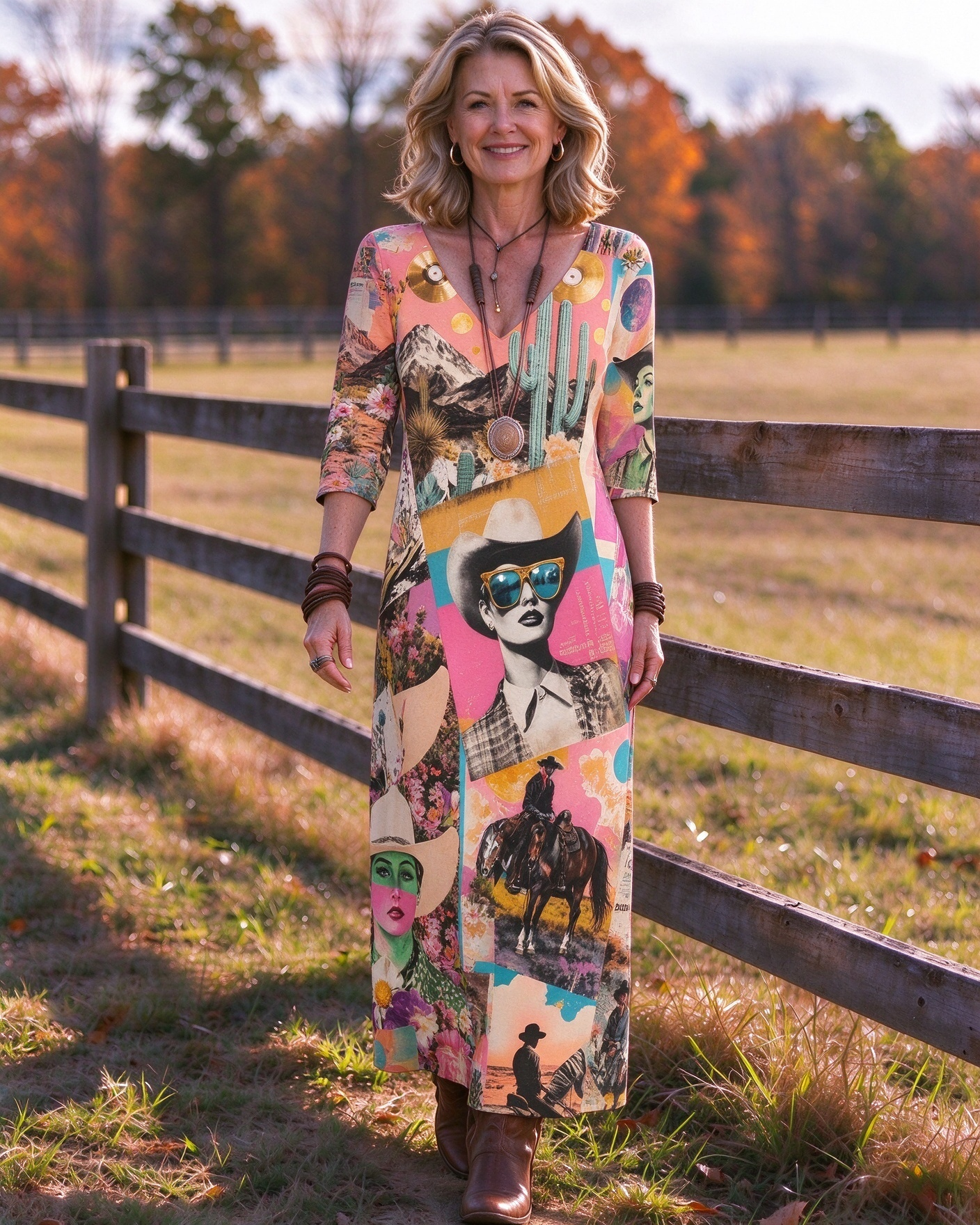 Portrait collage art Western V-Neck Printed Dress | Allover Print