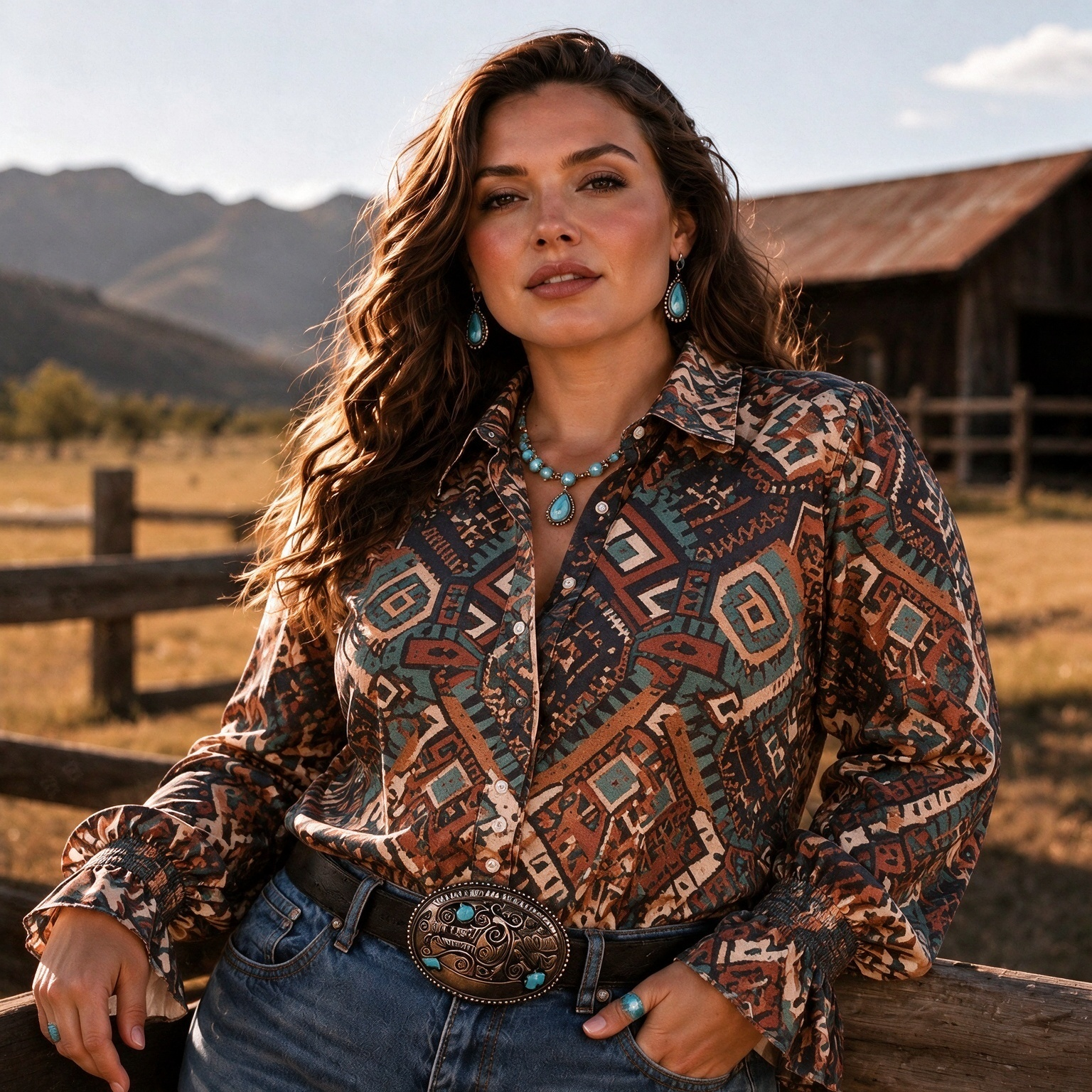 Vintage Western Aztec Tribal Geometric Print Collared Blouse, Smocked Flare Cuff Long Sleeve Shirt
