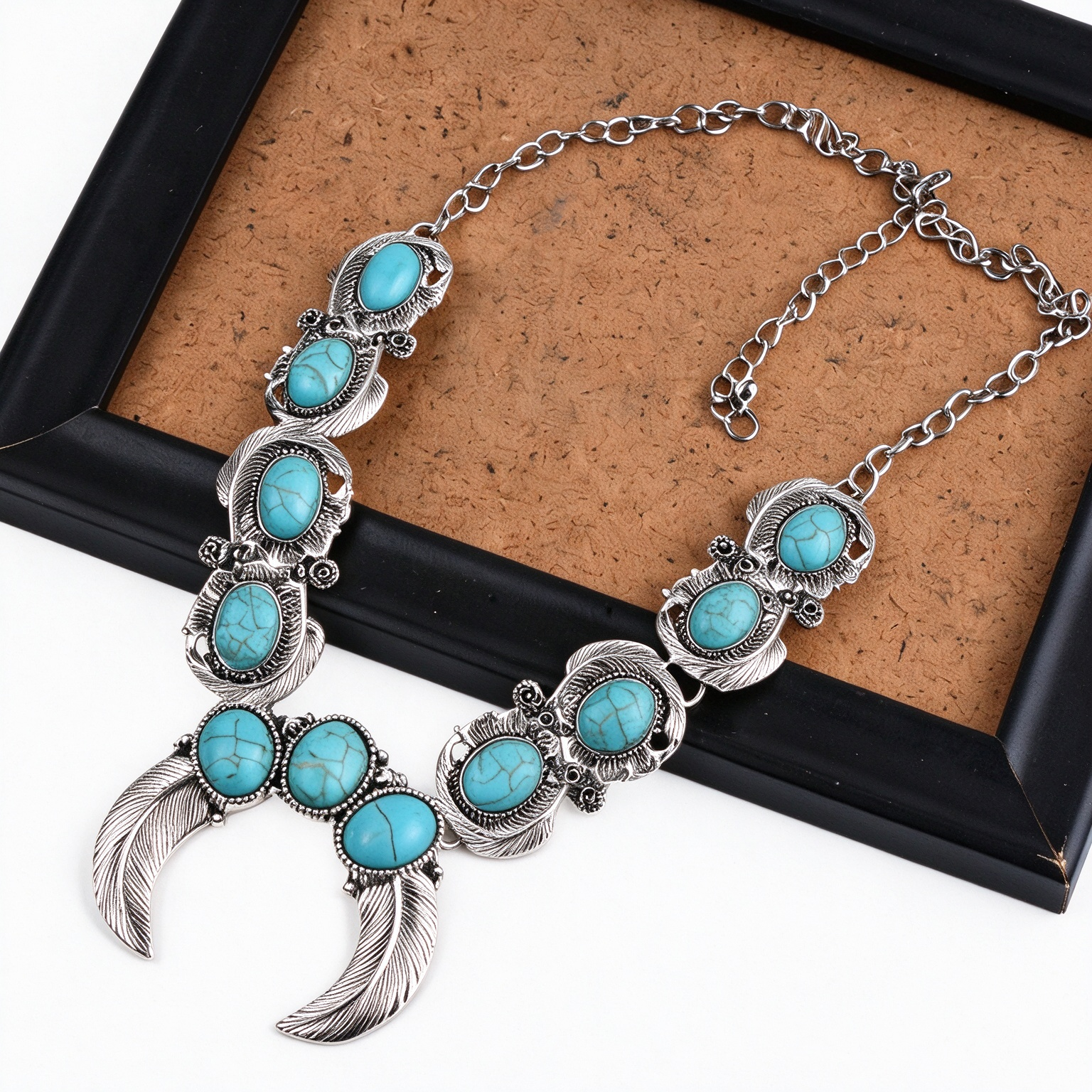 Retro Western Feather Stone Inlay Statement Necklace