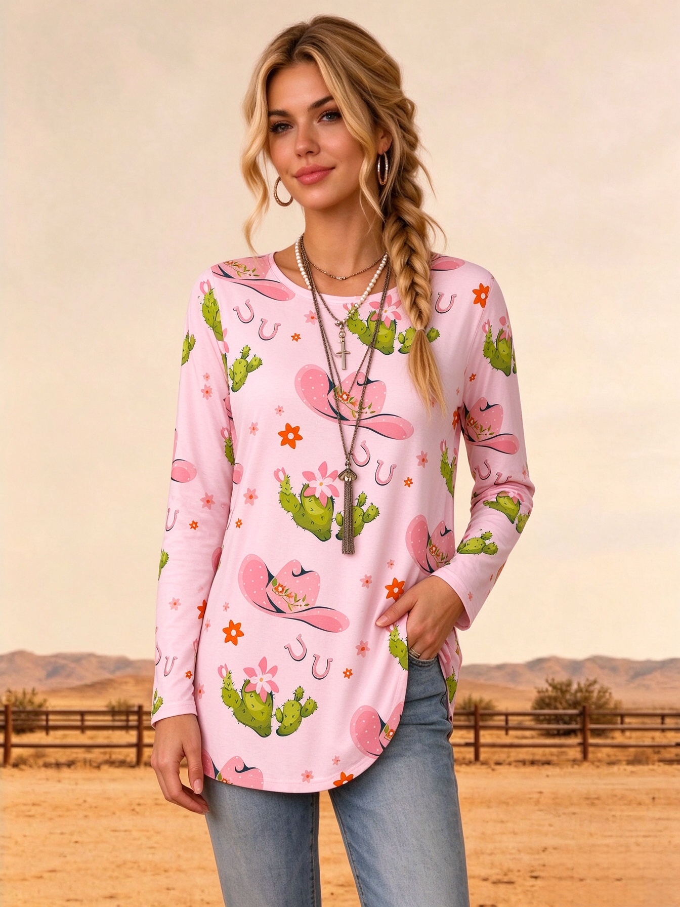 Pink Cactus Cowgirl Horseshoe Print Loose Casual Tunic Tops