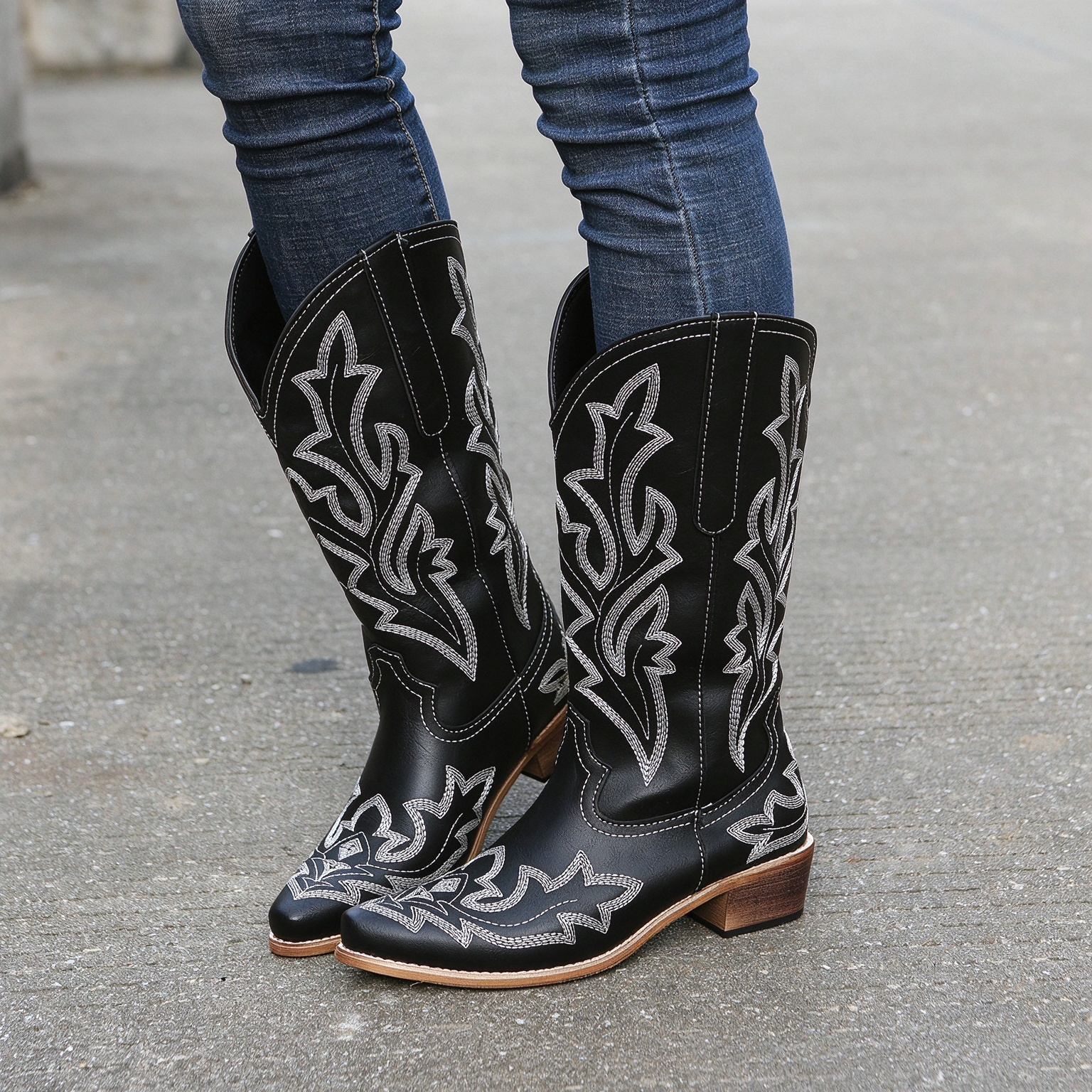 Vintage Western Tall Ornate Leaf Embroidery Snip Toe Cowboy Boots