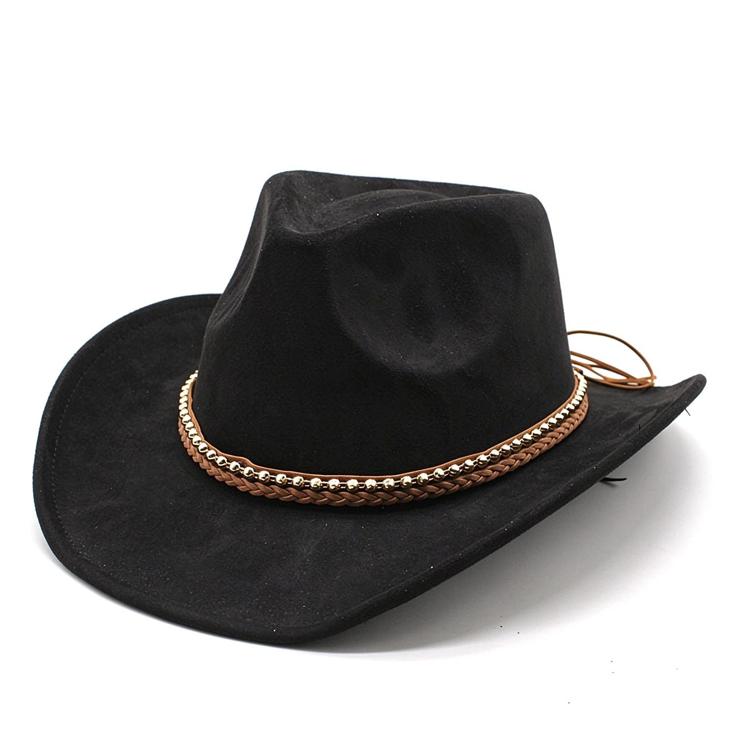 Vintage Western Beaded Braided Band Wide Brim Cowboy Hat