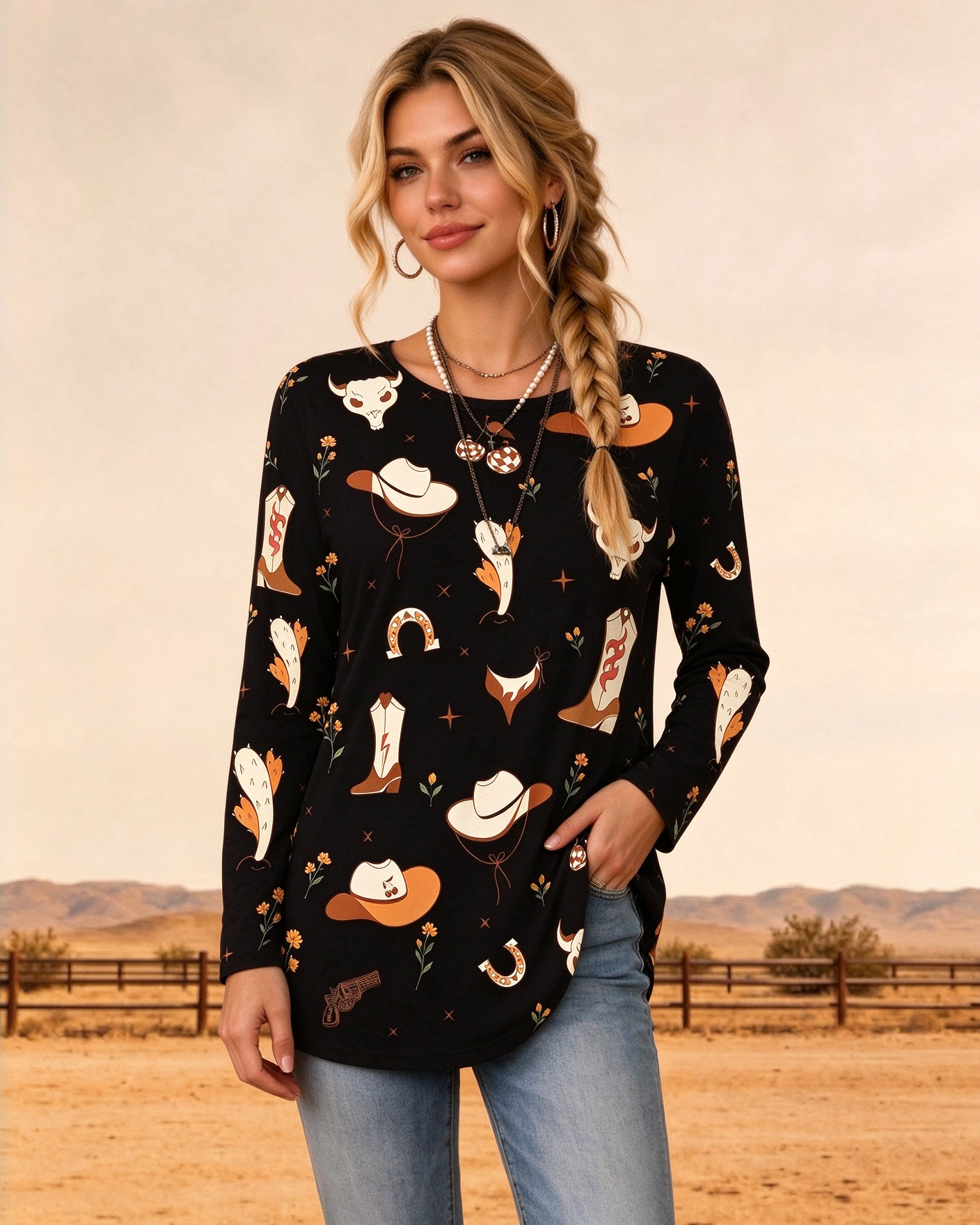 Round Neck Long Sleeve Tunic Top with Western Longhorn Skull & Horseshoe Print