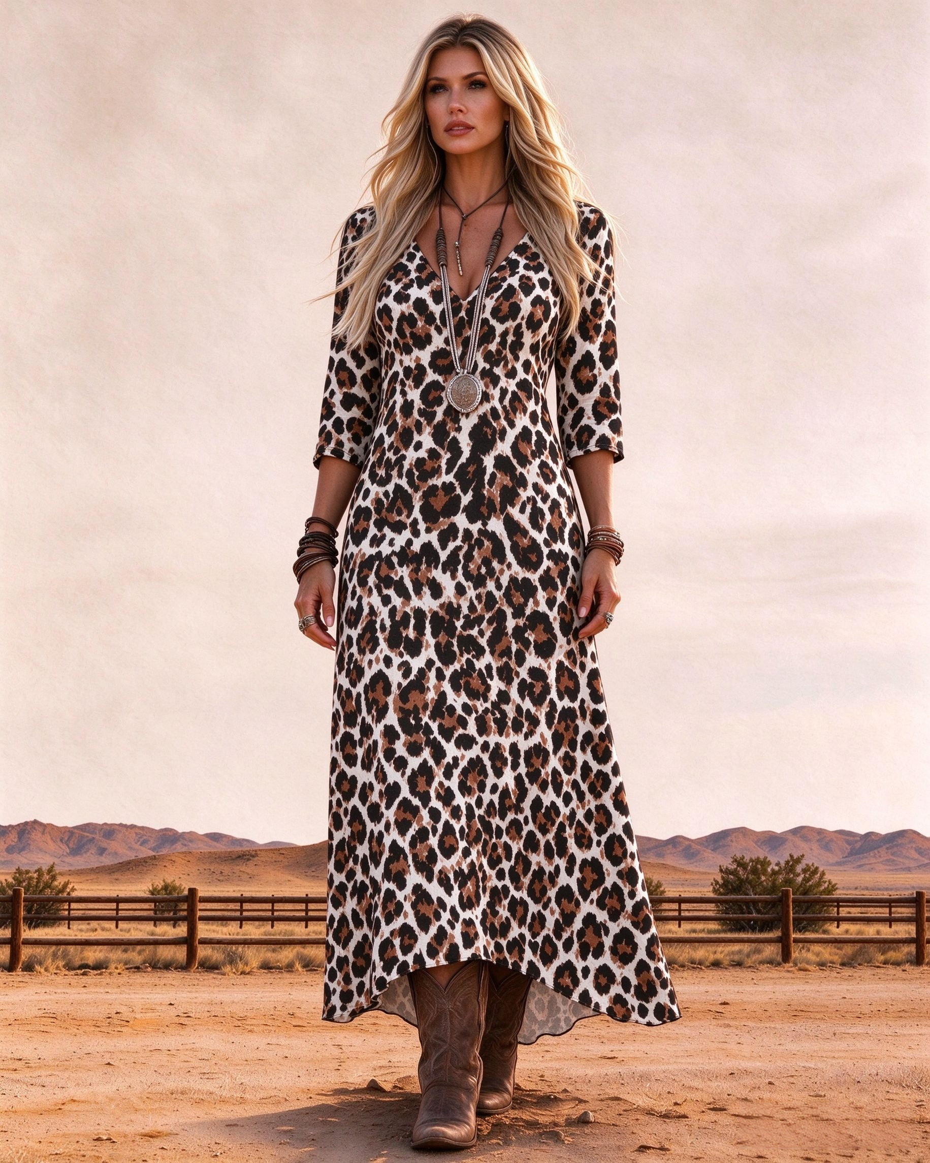 V-neck leopard print western style maxi dress