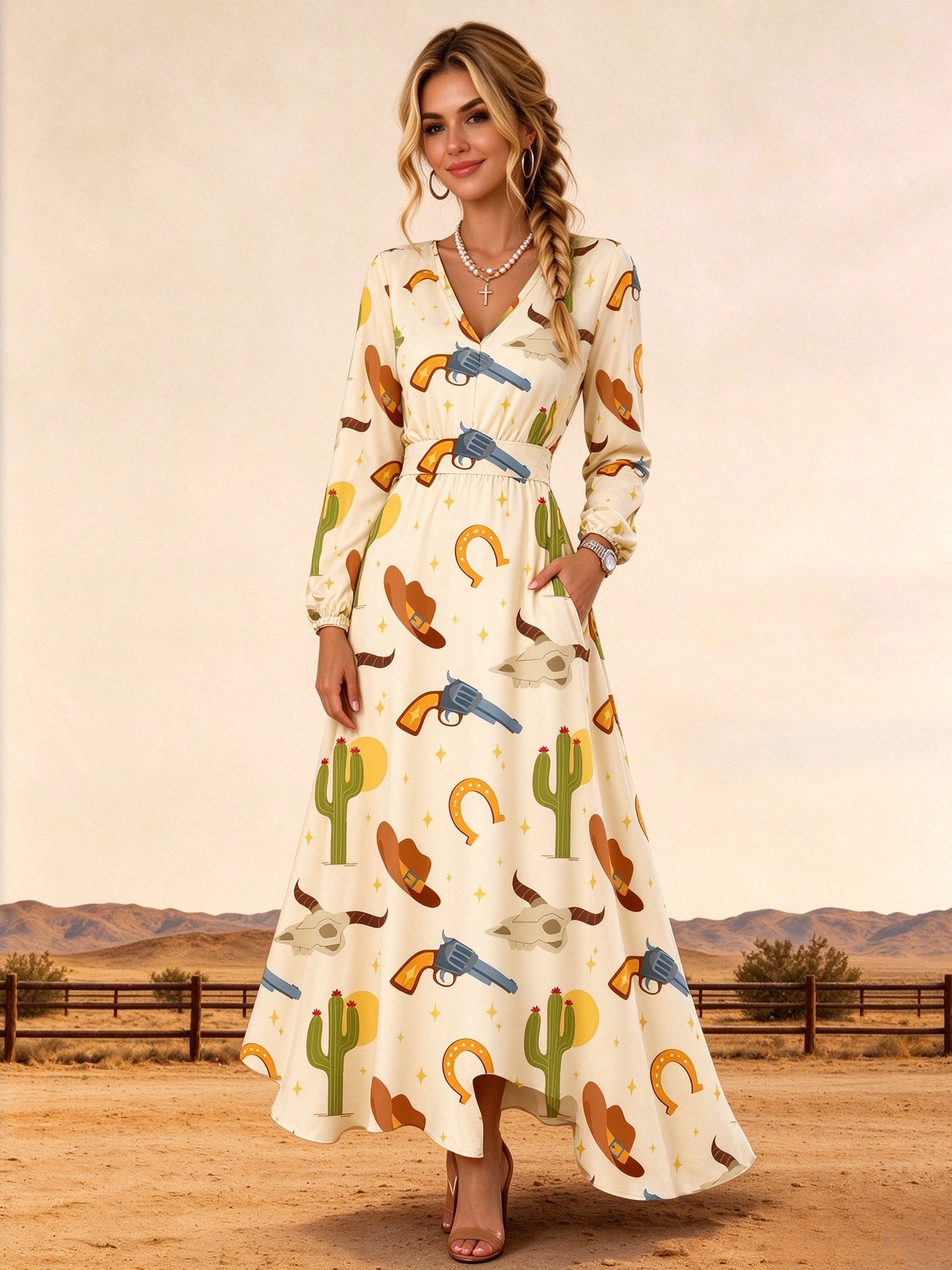 Cream Western Cowboy Desert Cactus Horseshoe Print V-Neck Long Sleeve Maxi Dress