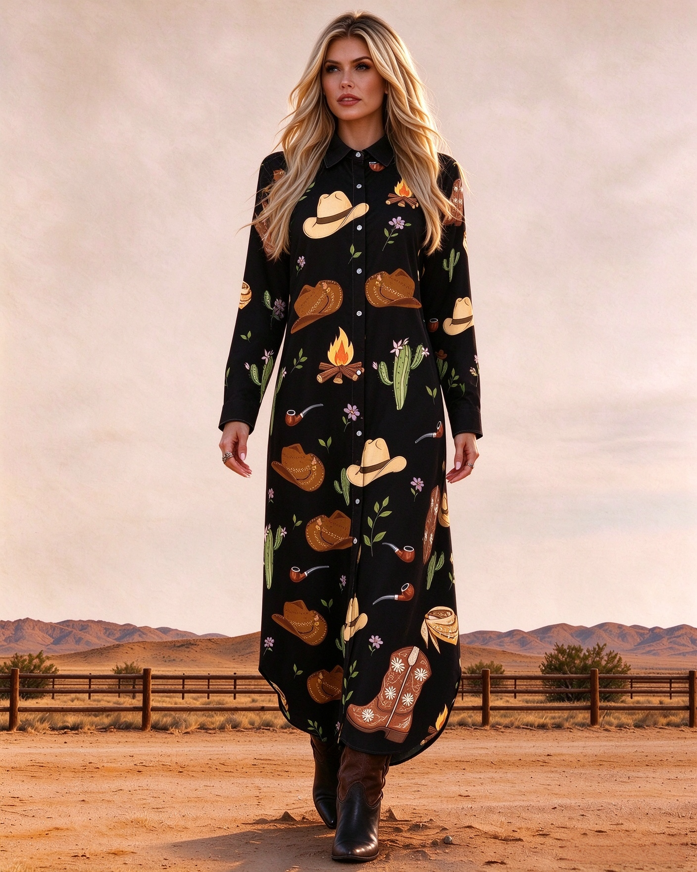 Cowboy Hat & Boot Western Print Collared Long Sleeve Maxi Shirt Dress