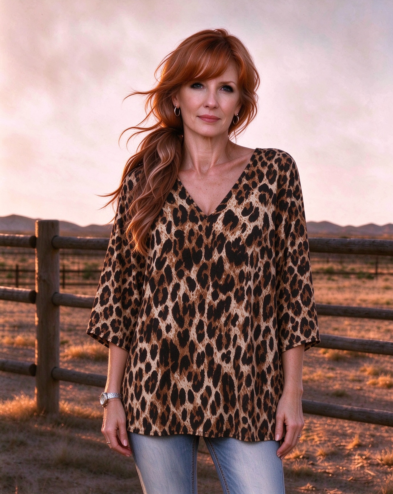 Leopard print V-neck three-quarter sleeve long top