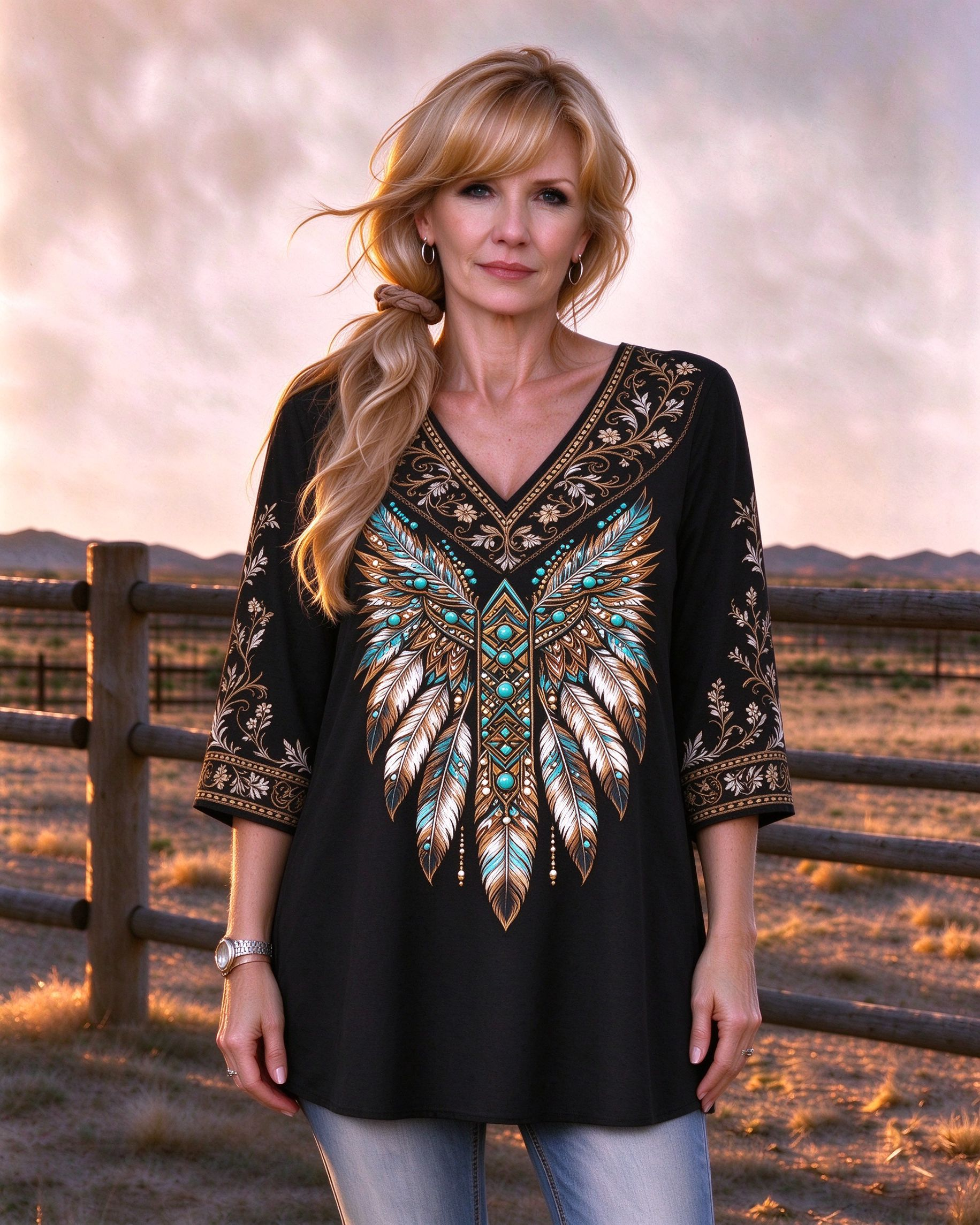 Dreamcatcher Feather Embroidered print V-neck Western-style long top