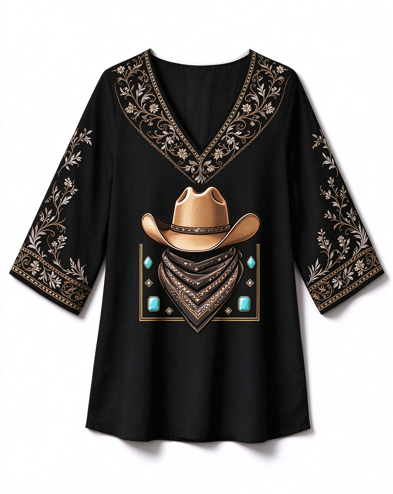 Cowboy Hat Bandana Embroidered print V-neck Western-style long top