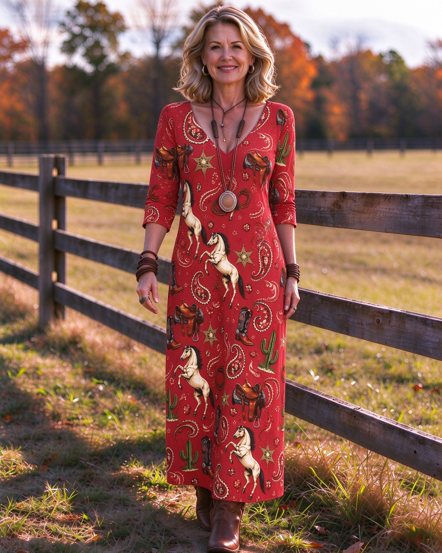 Red Western Paisley Pattern Horse Saddle Cactus Print V-neck Long Dress