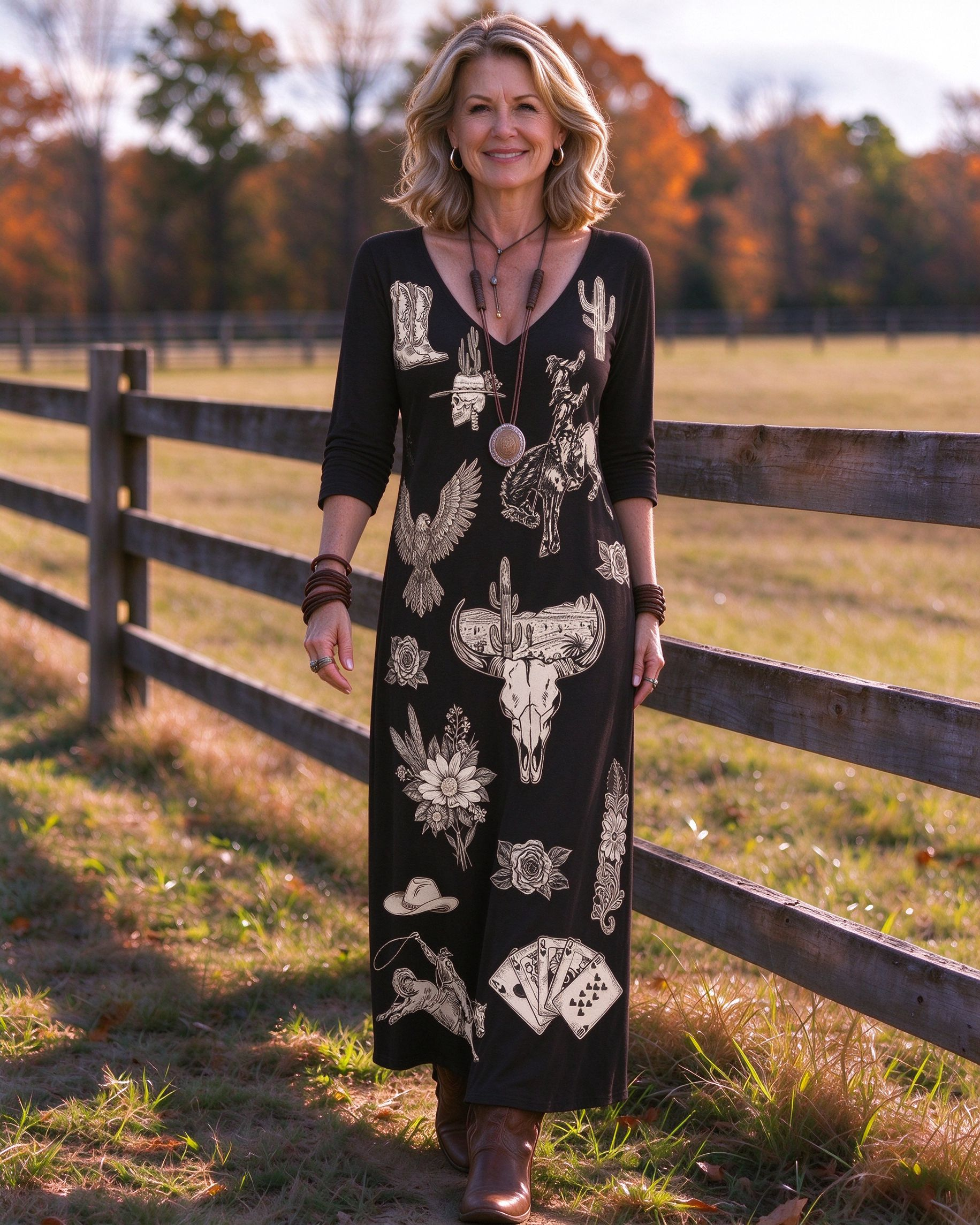 Vintage Southwestern Eagle & Longhorn Bull Skull Print V-neck Maxi Dress