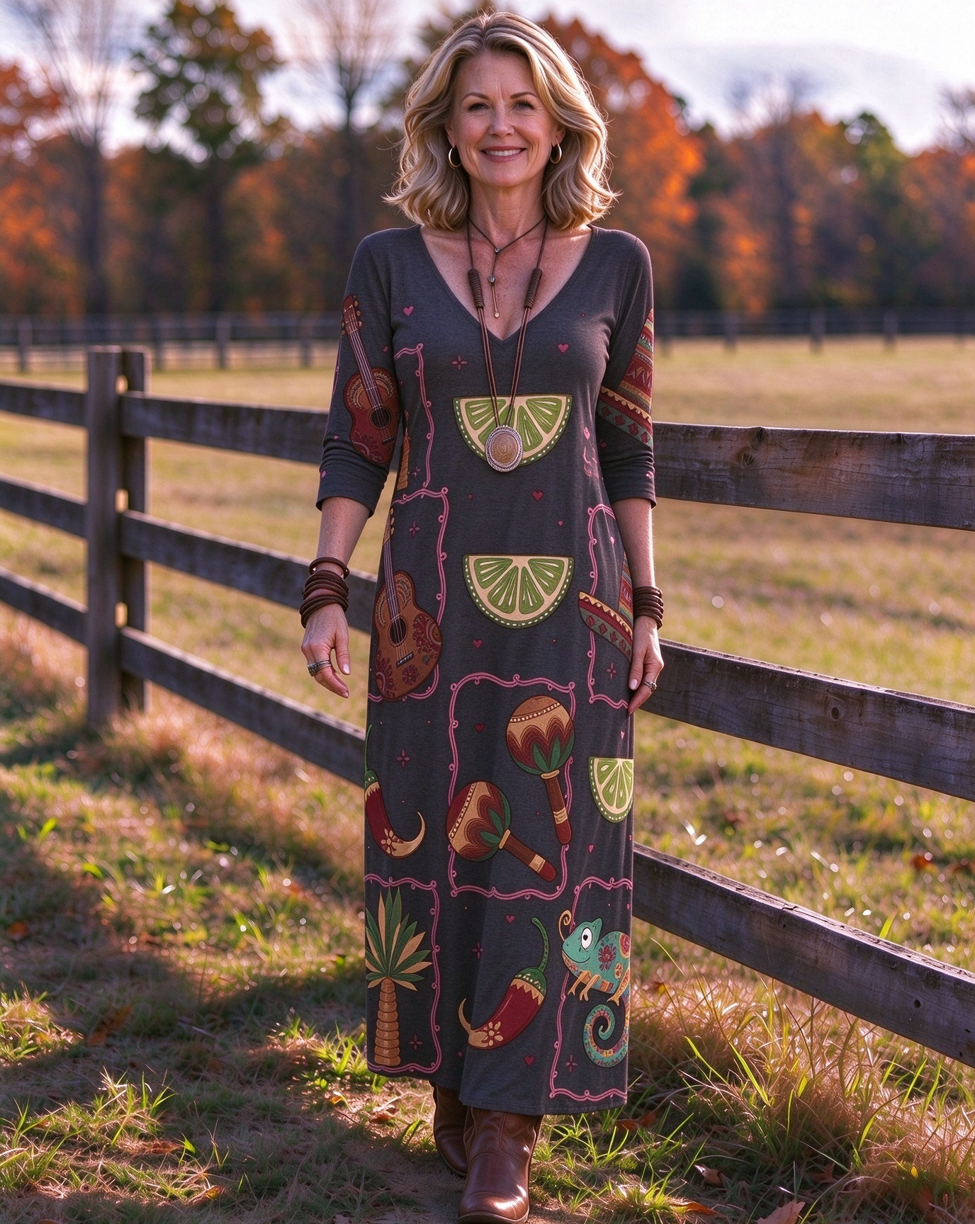 Guitar Maraca Chili Lime Lizard Western V-Neck Printed Dress | Allover Print