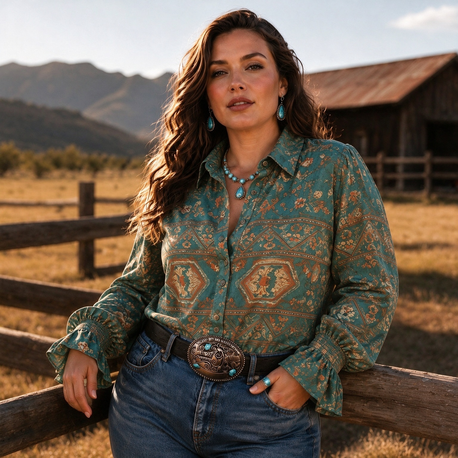Vintage Western Teal Floral Southwest Geo Border Print Collared Blouse, Smocked Flare Cuff Long Sleeve Shirt