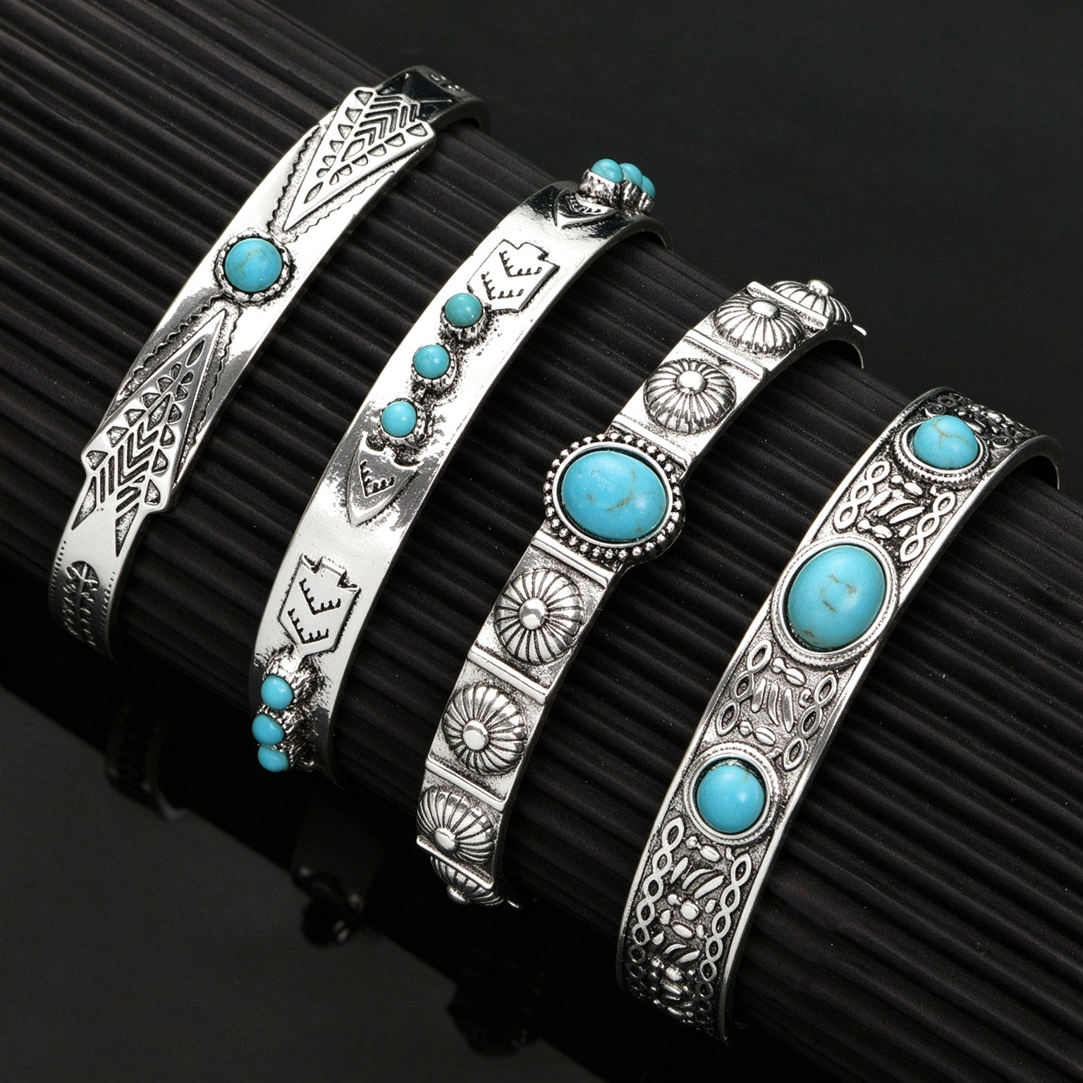Vintage Southwest Mixed Pattern Stone Inlay Cuff Bracelet Set