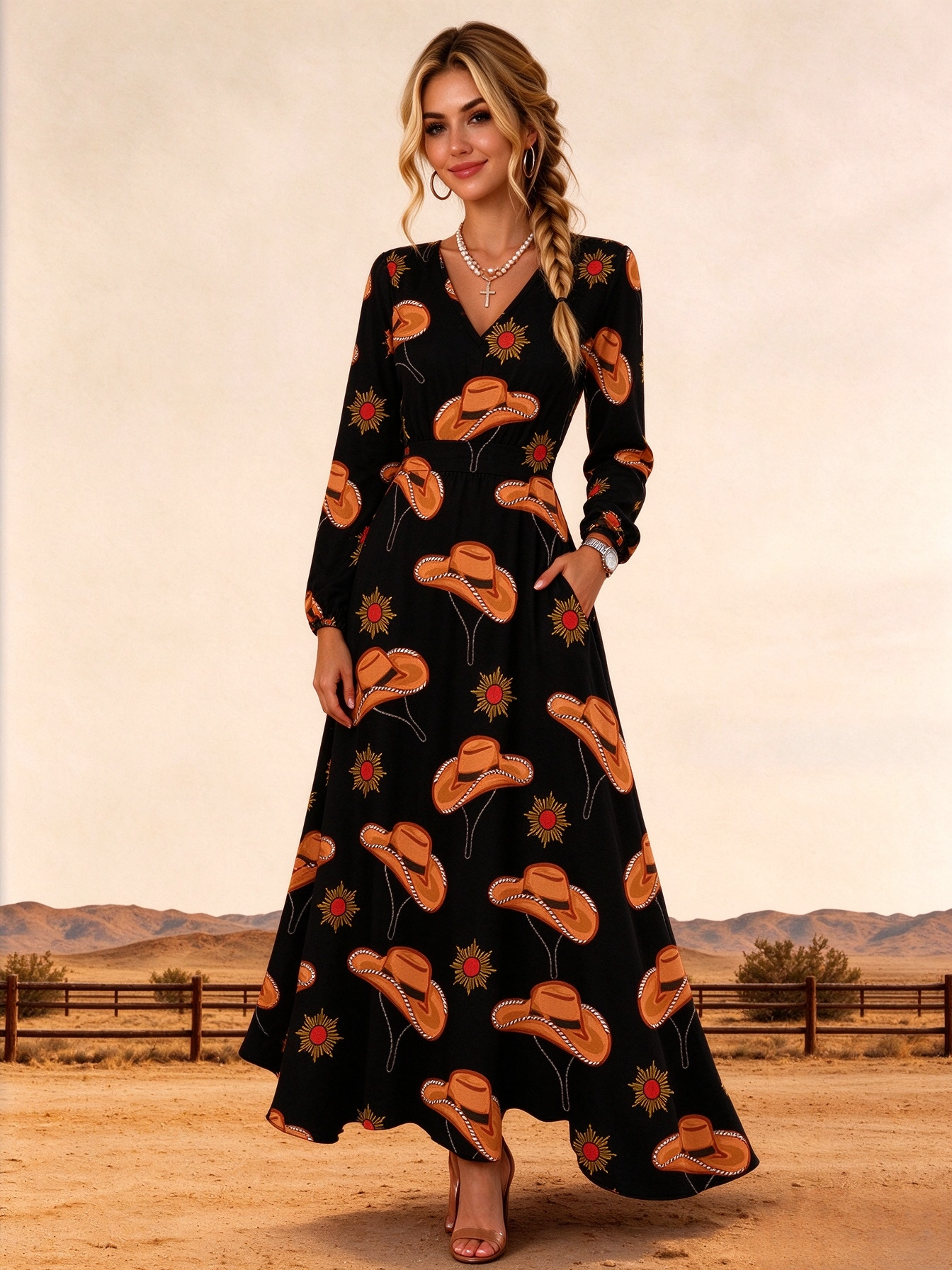 Western Cowboy Hat Sunflower Print V-Neck Long Sleeve Maxi Dress