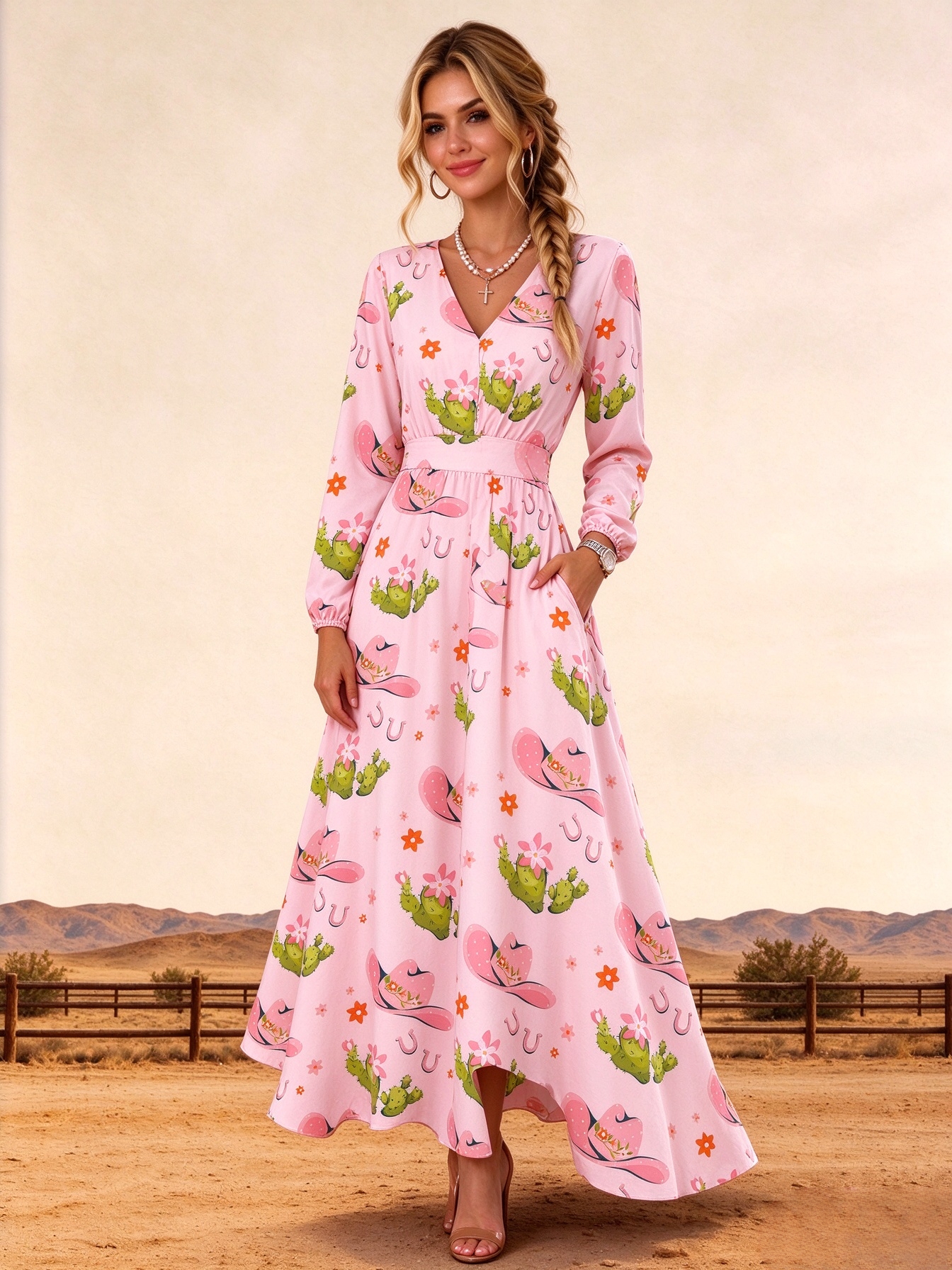 Pink Cactus Cowgirl Horseshoe Print V-Neck Long Sleeve Maxi Dress