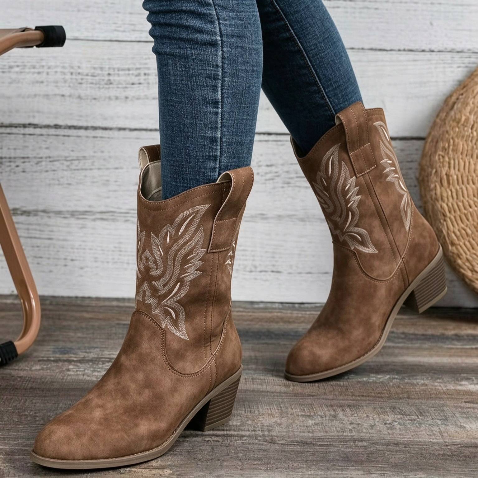 Retro Western Floral Embroidery Mid Calf Round Toe Stacked Heel Cowboy Boots