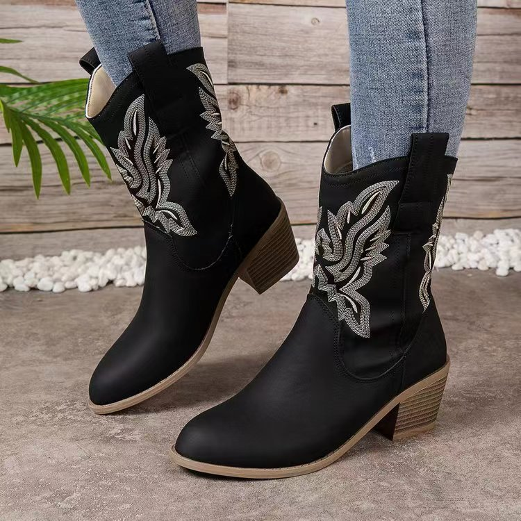 Retro Western Floral Embroidery Mid Calf Round Toe Stacked Heel Cowboy Boots