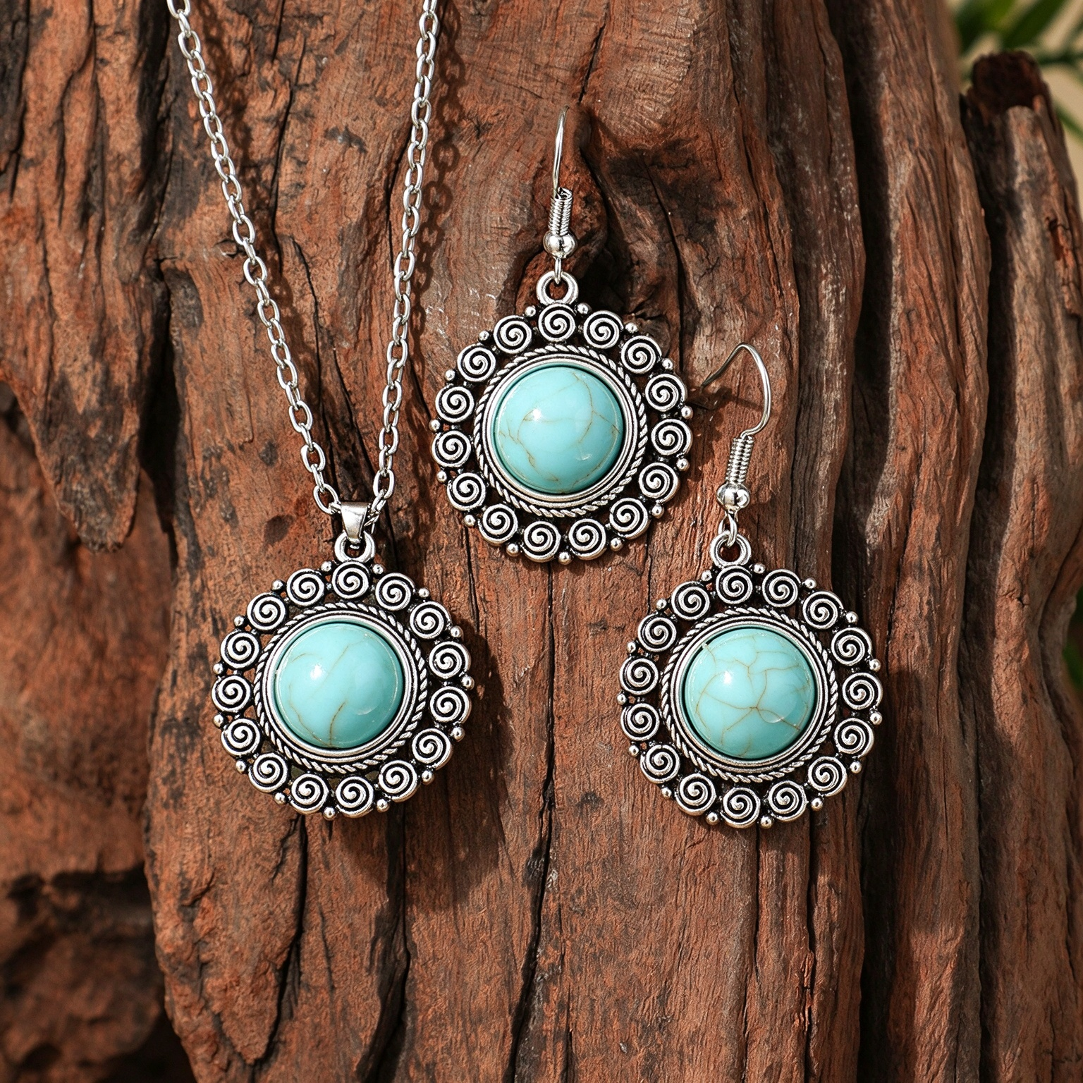 Vintage Western Spiral Frame Round Stone Necklace & Earring Jewelry Set