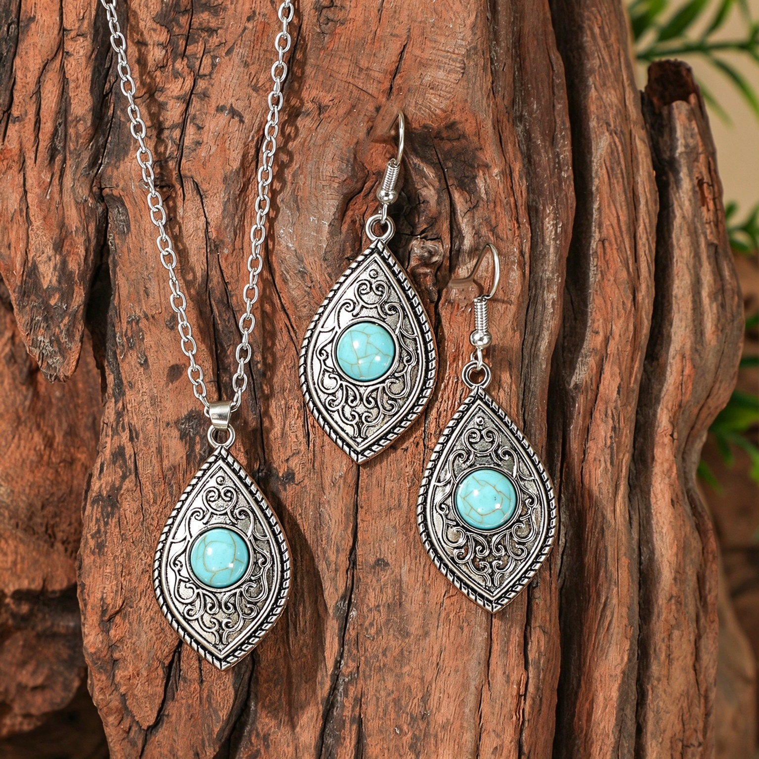 Vintage Western Engraved Teardrop Stone Necklace & Earring Jewelry Set