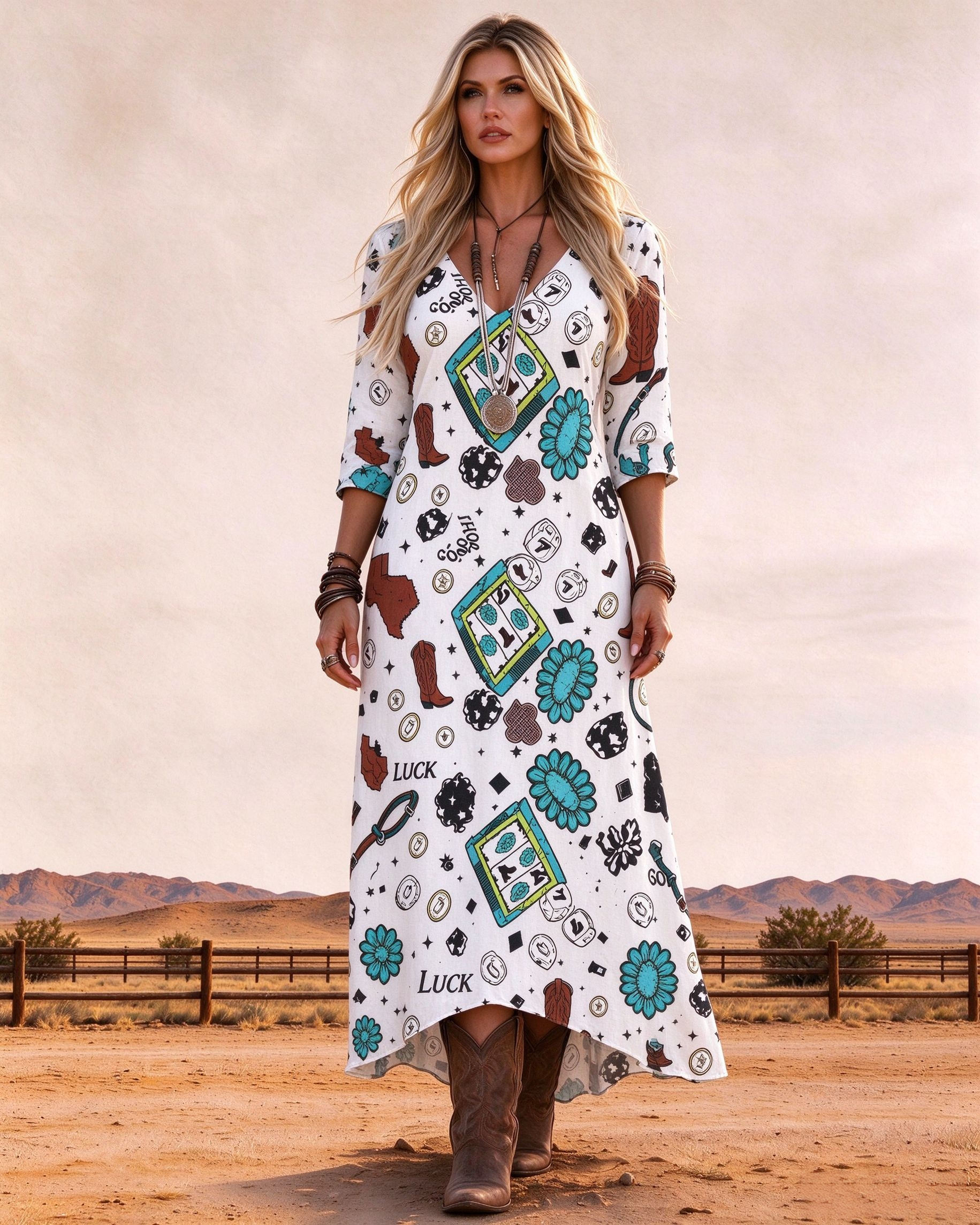 Retro Western Lucky Theme Pattern Print V-Neck Maxi Dress