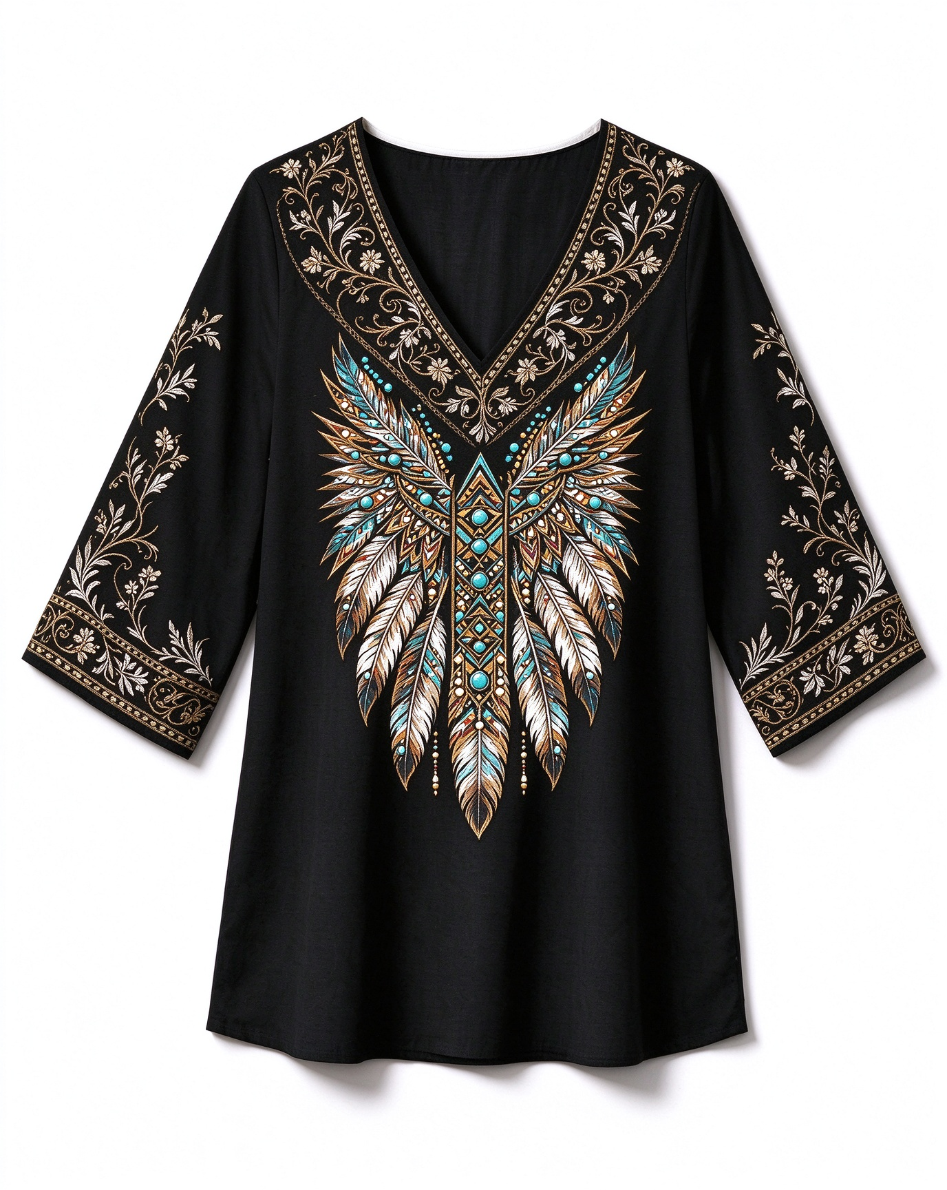 Dreamcatcher Feather Embroidered print V-neck Western-style long top