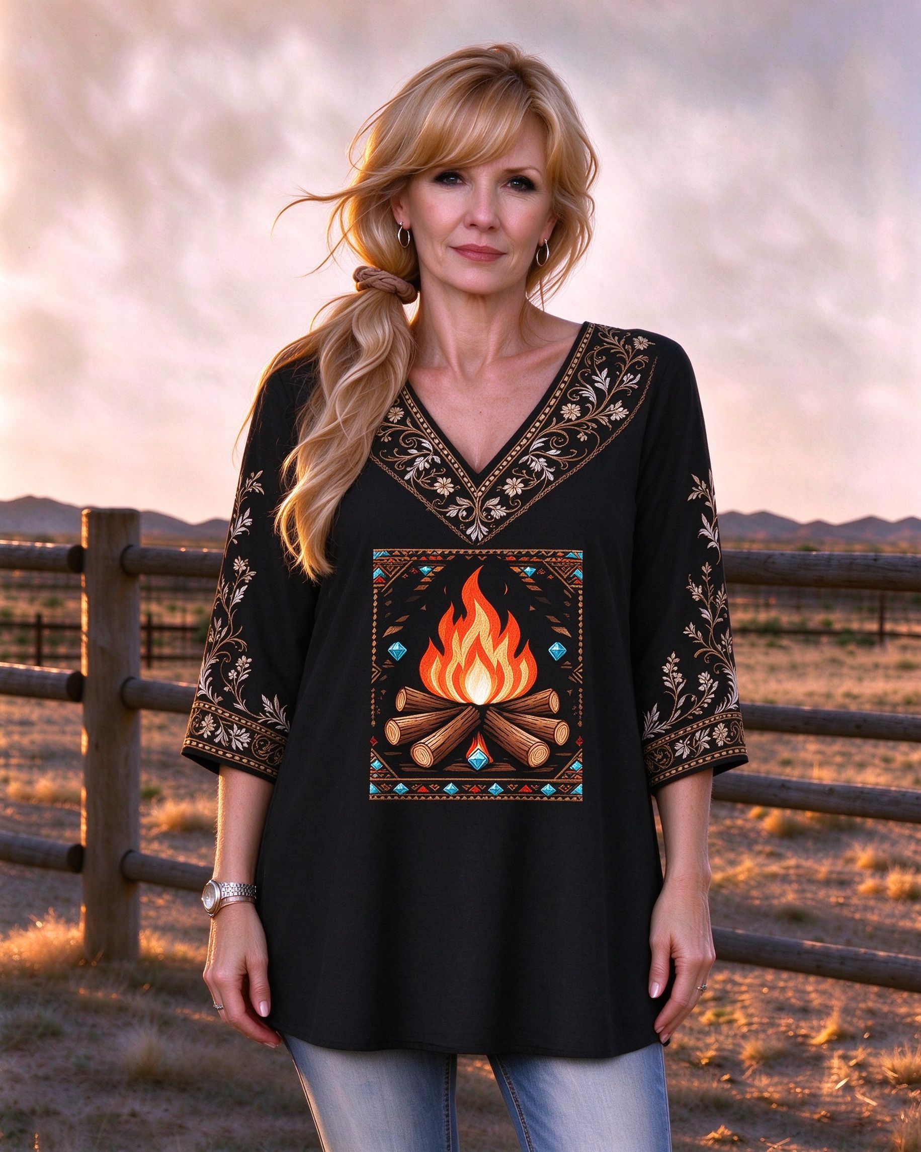 Campfire Embroidered V-Neck Boho Western Western-style long top