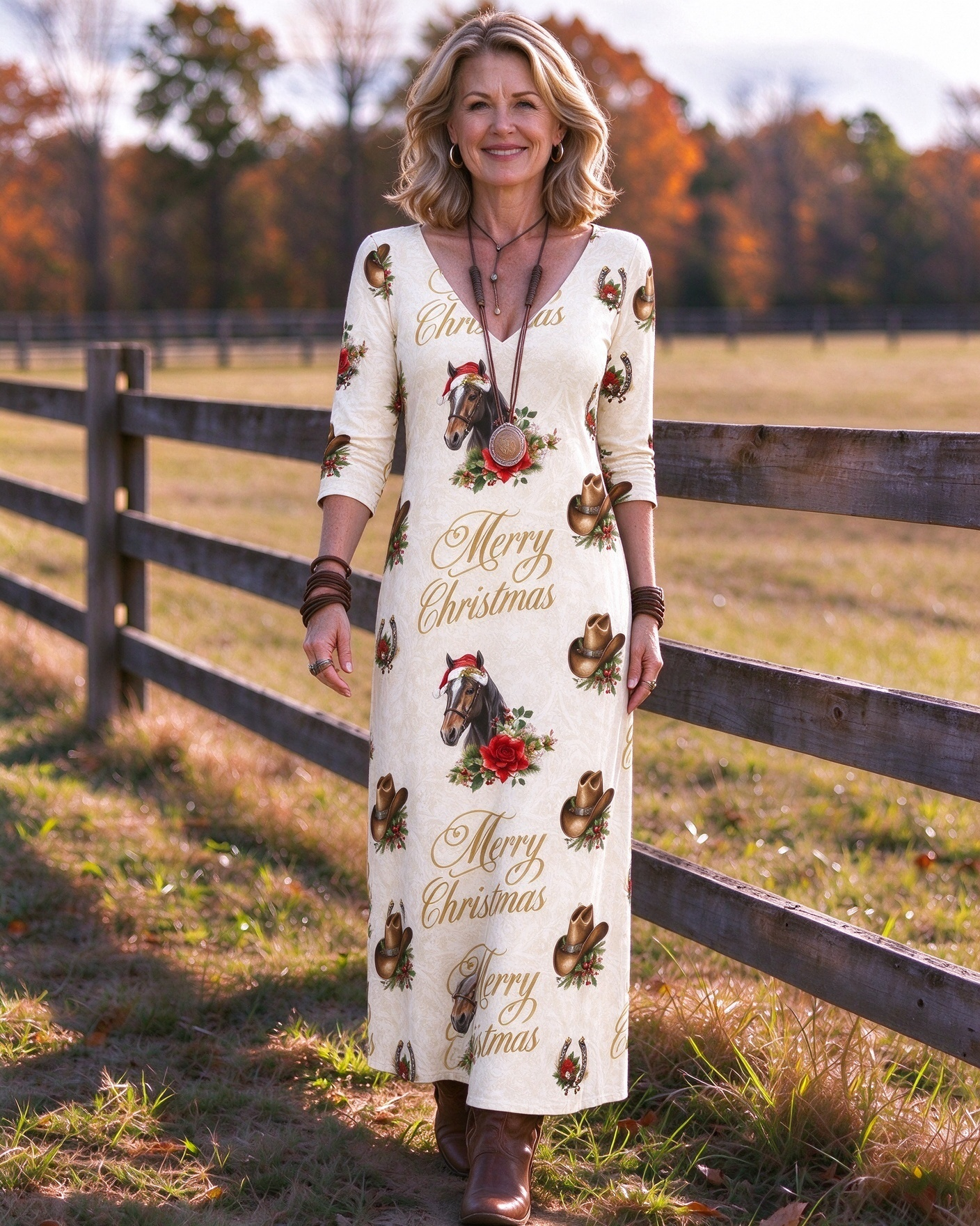 Christmas horse cowboy hat Western V-Neck Printed Dress | Allover Print