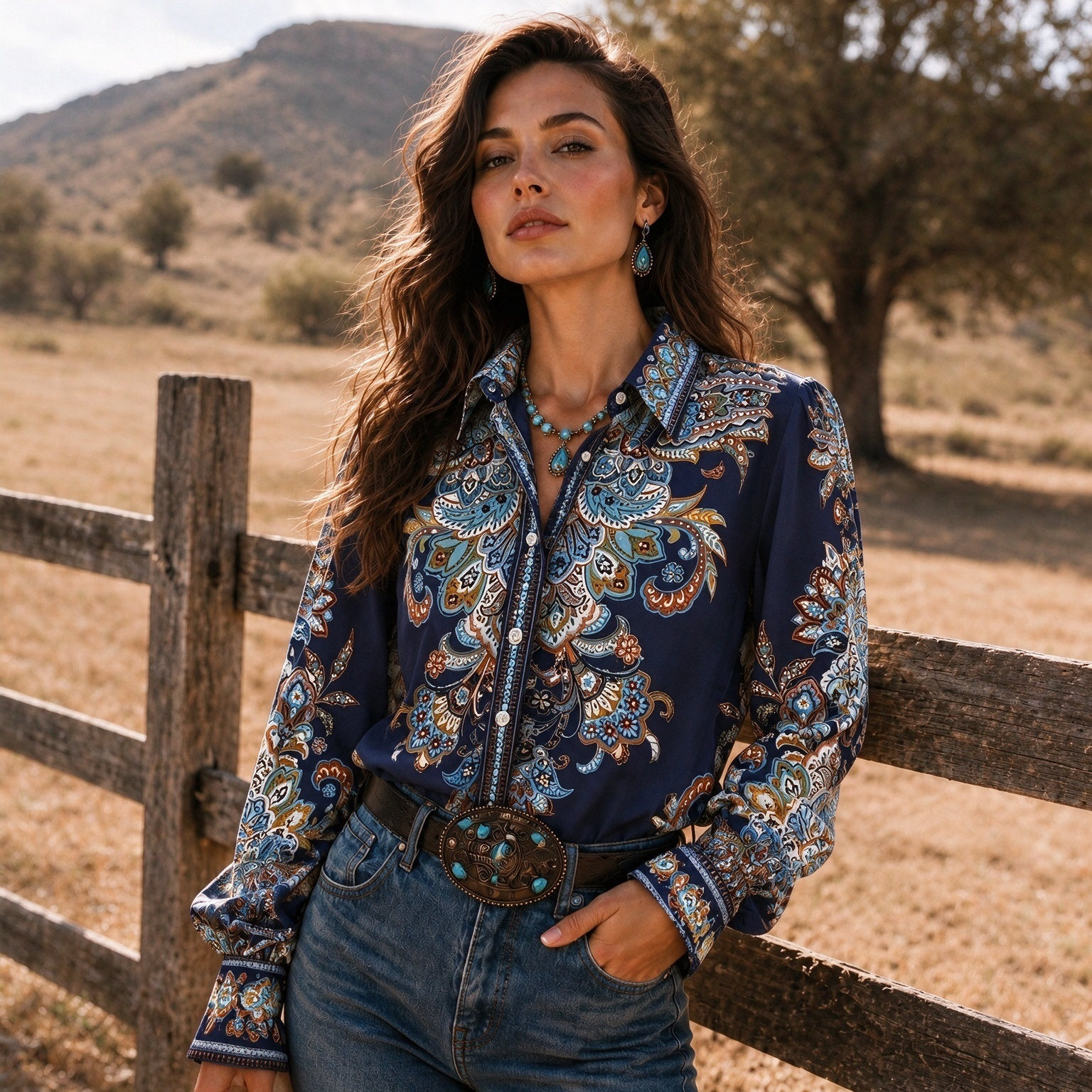 Western Navy Ornate Paisley Print Button Down Blouse Smocked Flared Cuff Long Sleeve Top