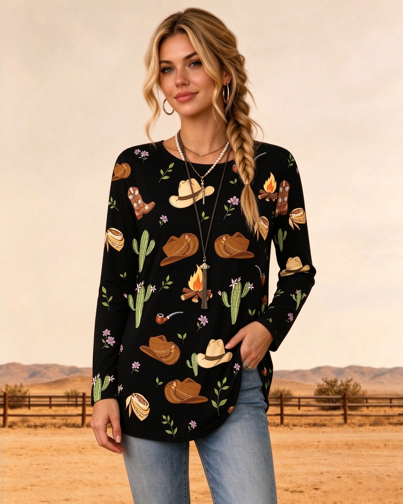 Round Neck Long Sleeve Curved Hem Tunic Top with Western Cowboy Print