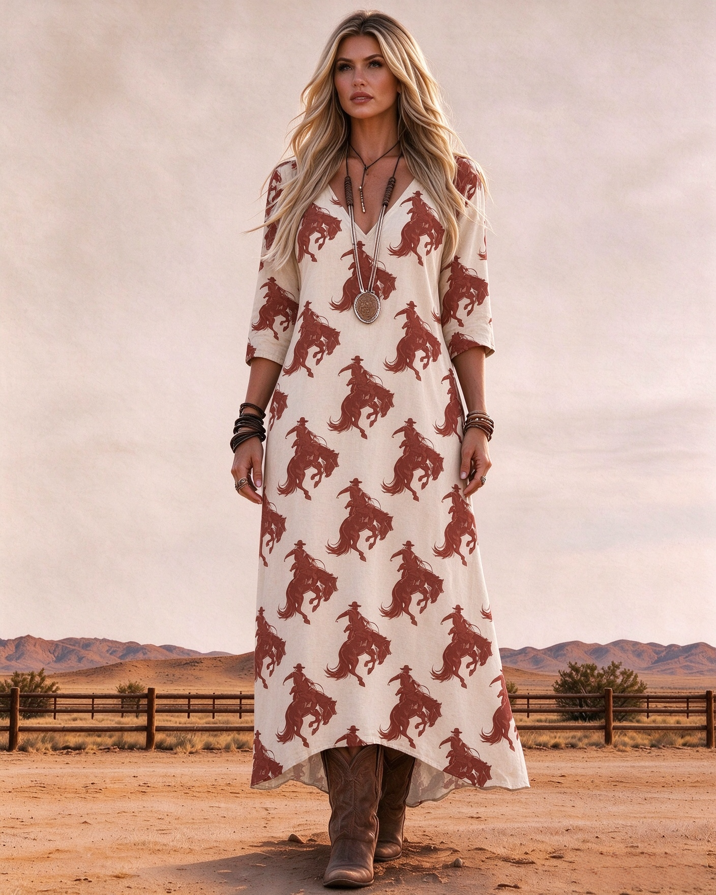 V-neck three-quarter sleeve retro Western cowboy rider silhouette long dress