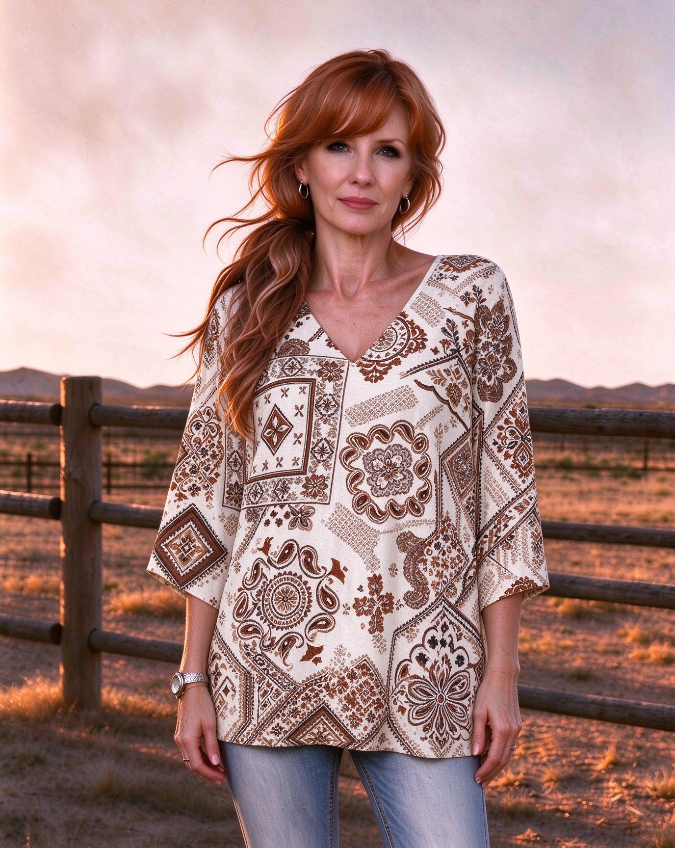 Western retro square scarf patchwork V-neck long top