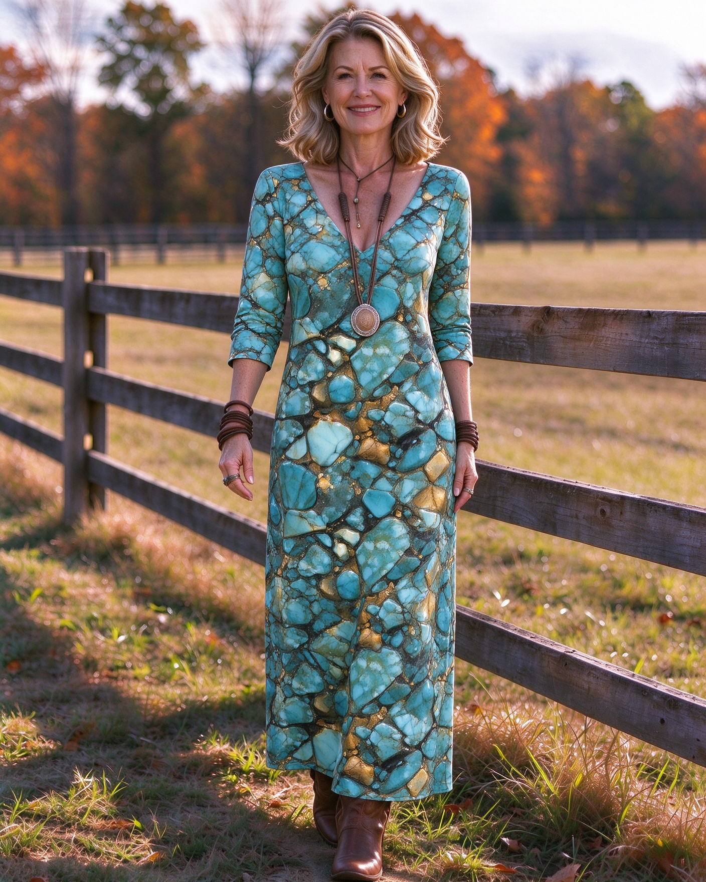 Turquoise mineral marble texture Western V-Neck Printed Dress | Allover Print