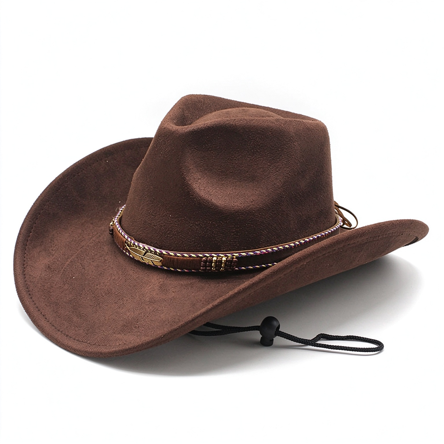 Vintage Western Beaded Feather Accent Band Curved Wide Brim Cowboy Hat
