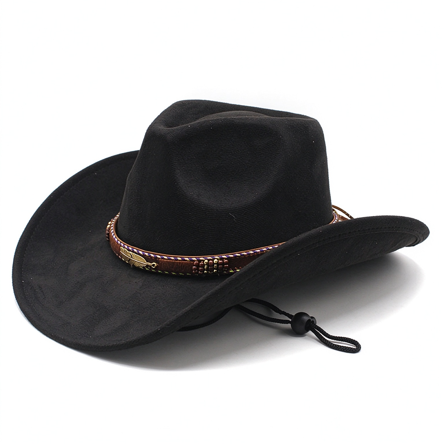 Vintage Western Beaded Feather Accent Band Curved Wide Brim Cowboy Hat