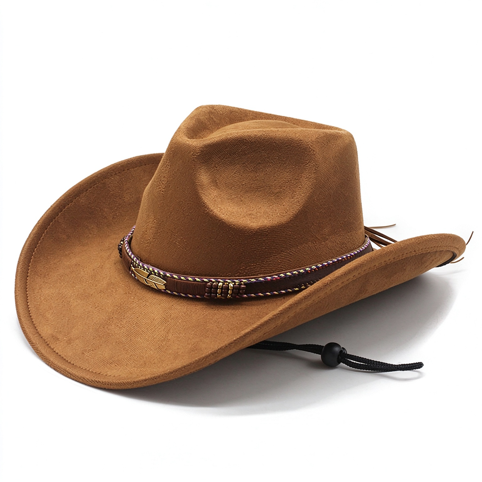 Vintage Western Beaded Feather Accent Band Curved Wide Brim Cowboy Hat