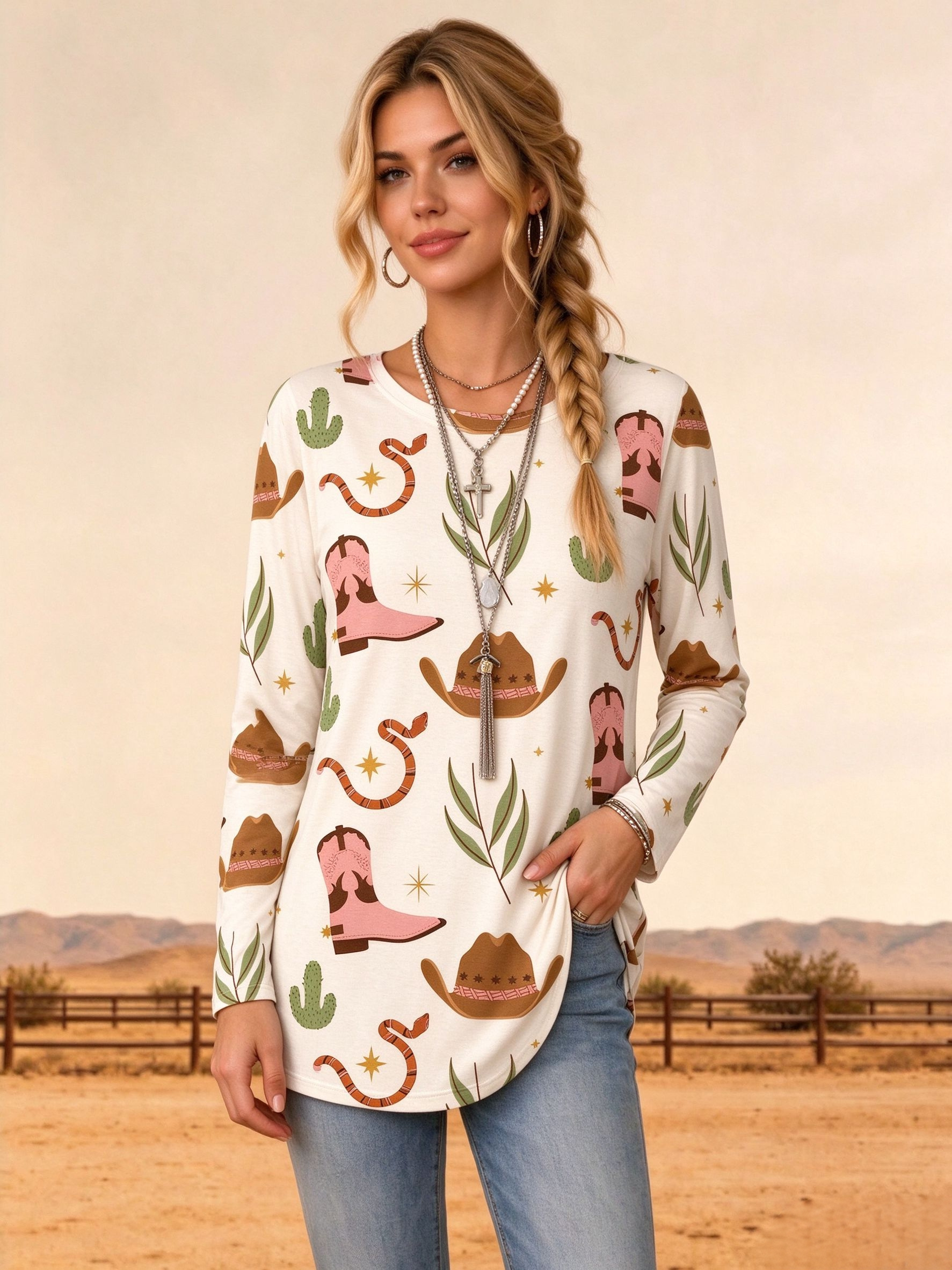 Western Graphic Long Sleeve T-Shirt Pink Cowboy Boot Crewneck Loose Casual Tunic Tops