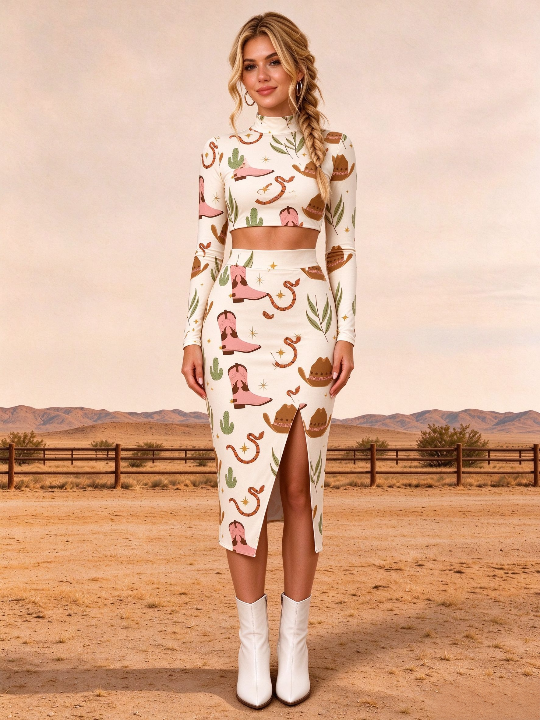 2 Piece Outfits Long Sleeve Mock Neck Crop Top and Front Slit Midi Skirt Set