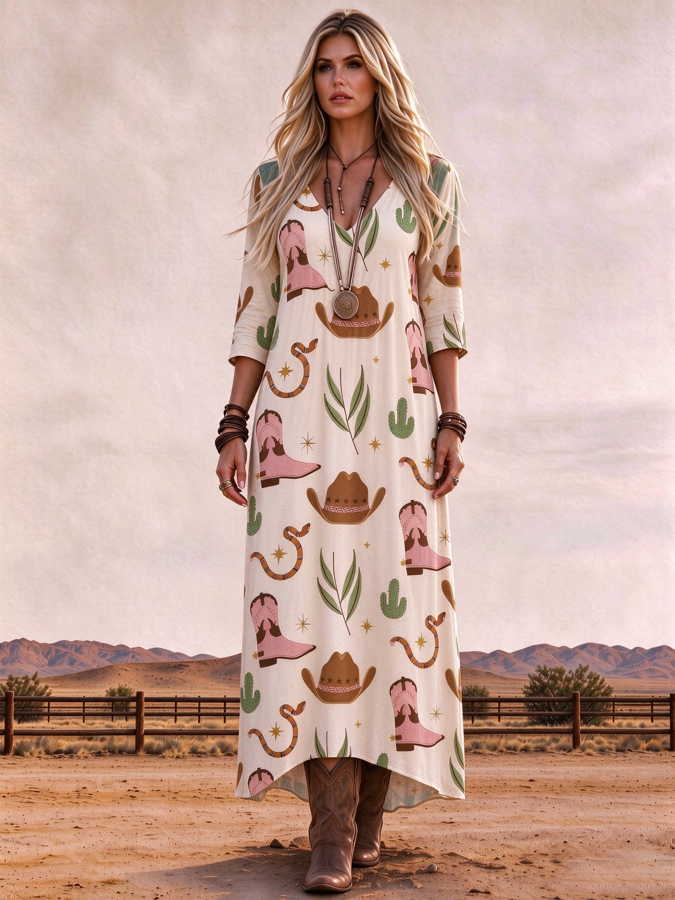 Western Cowboy Boot Print Women's 3/4 Sleeve V-Neck Loose Casual Maxi Dress