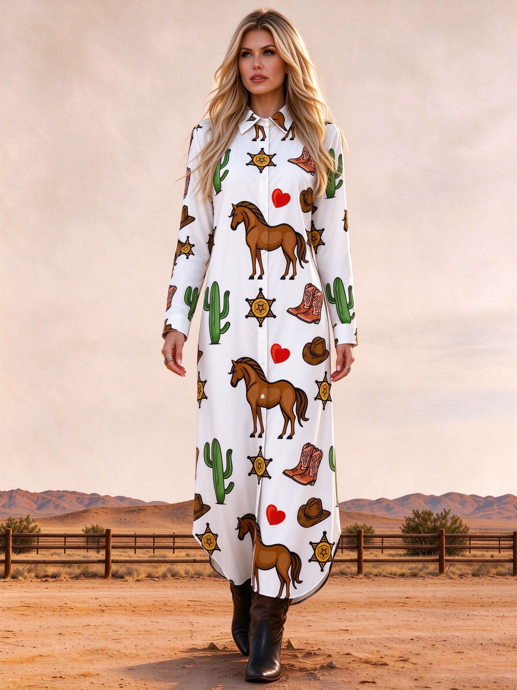 Western Horse Cactus Print Shirt Dress 