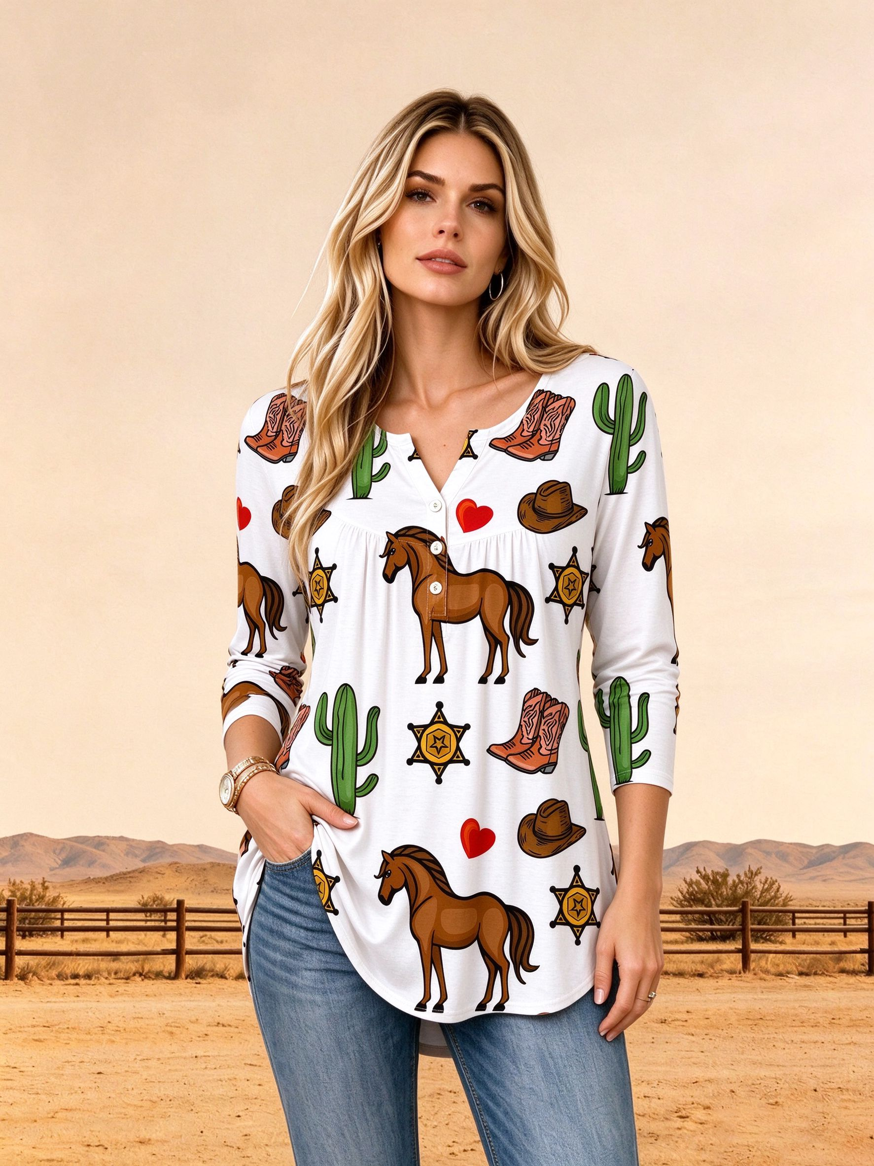 Western Horse Cactus Print Henley Shirt