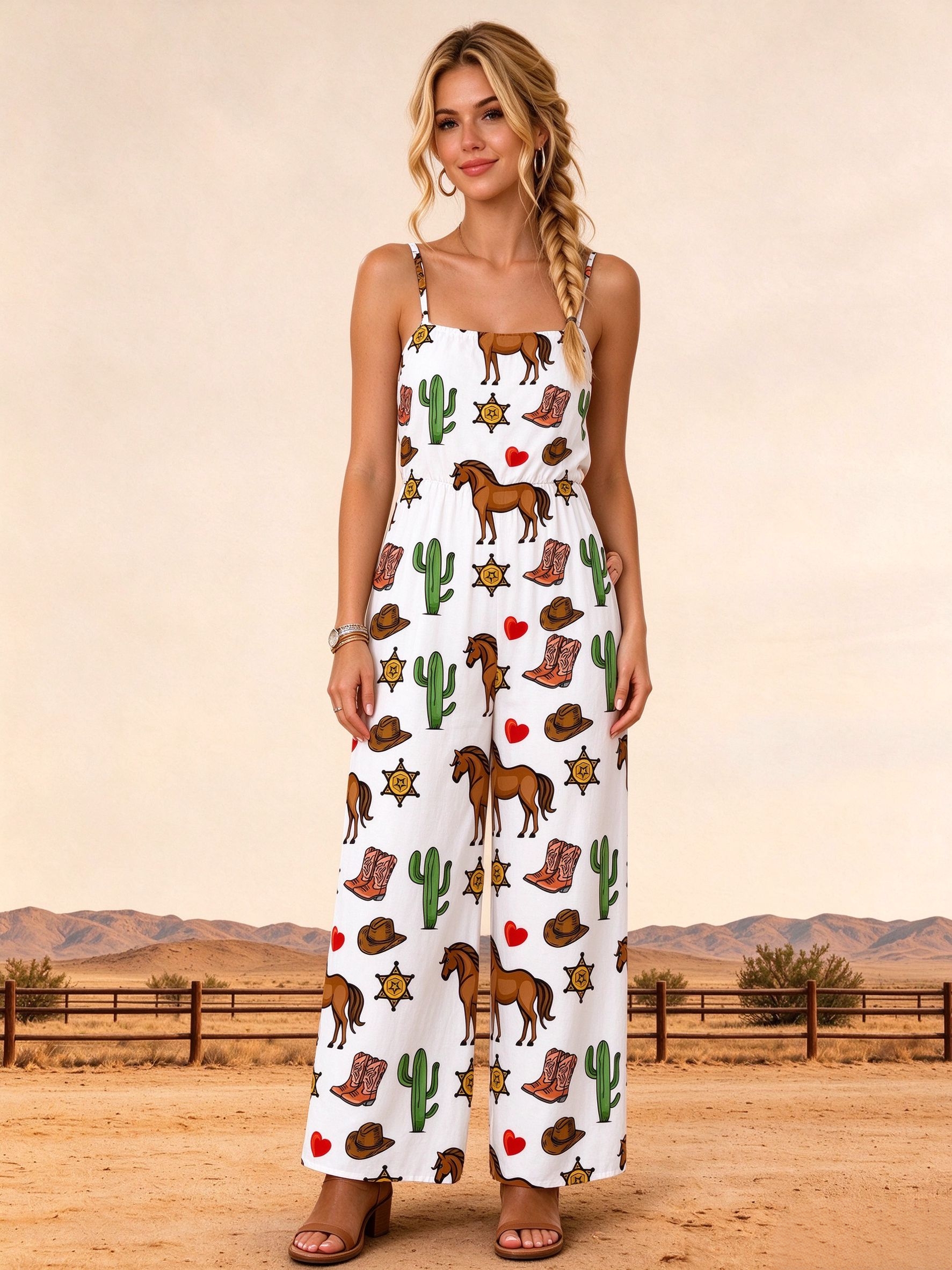 Western Horse Cactus Print Jumpsuits  with Pockets