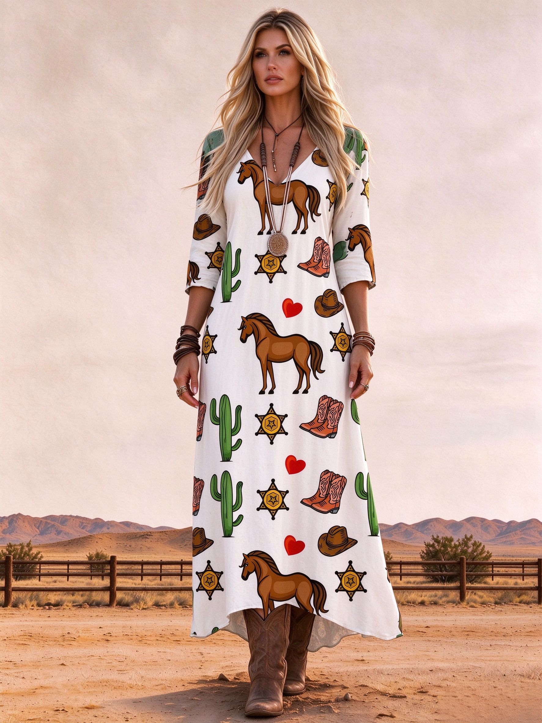 Western Horse Cactus Print 3/4 Sleeve V-Neck Loose Casual Maxi Dress