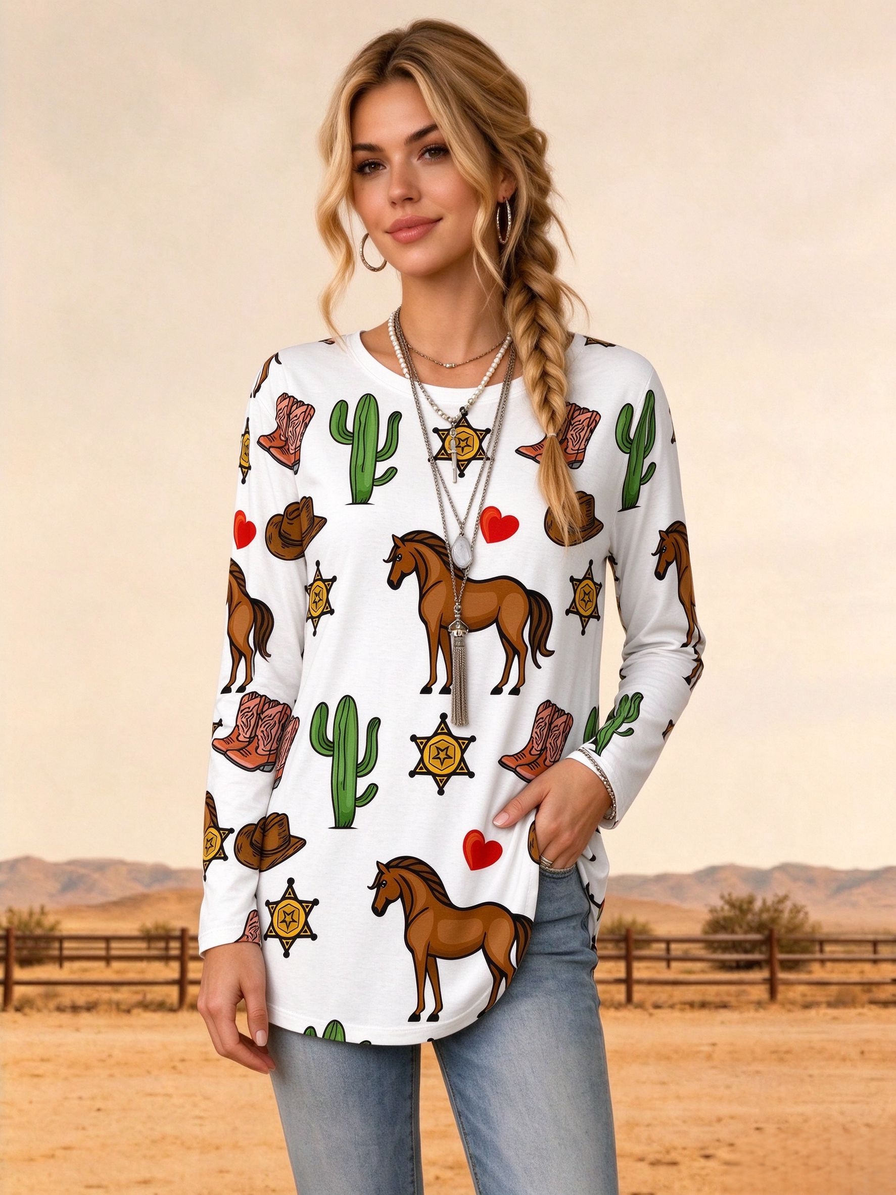 Western Horse Cactus Print Casual Tunic Tops