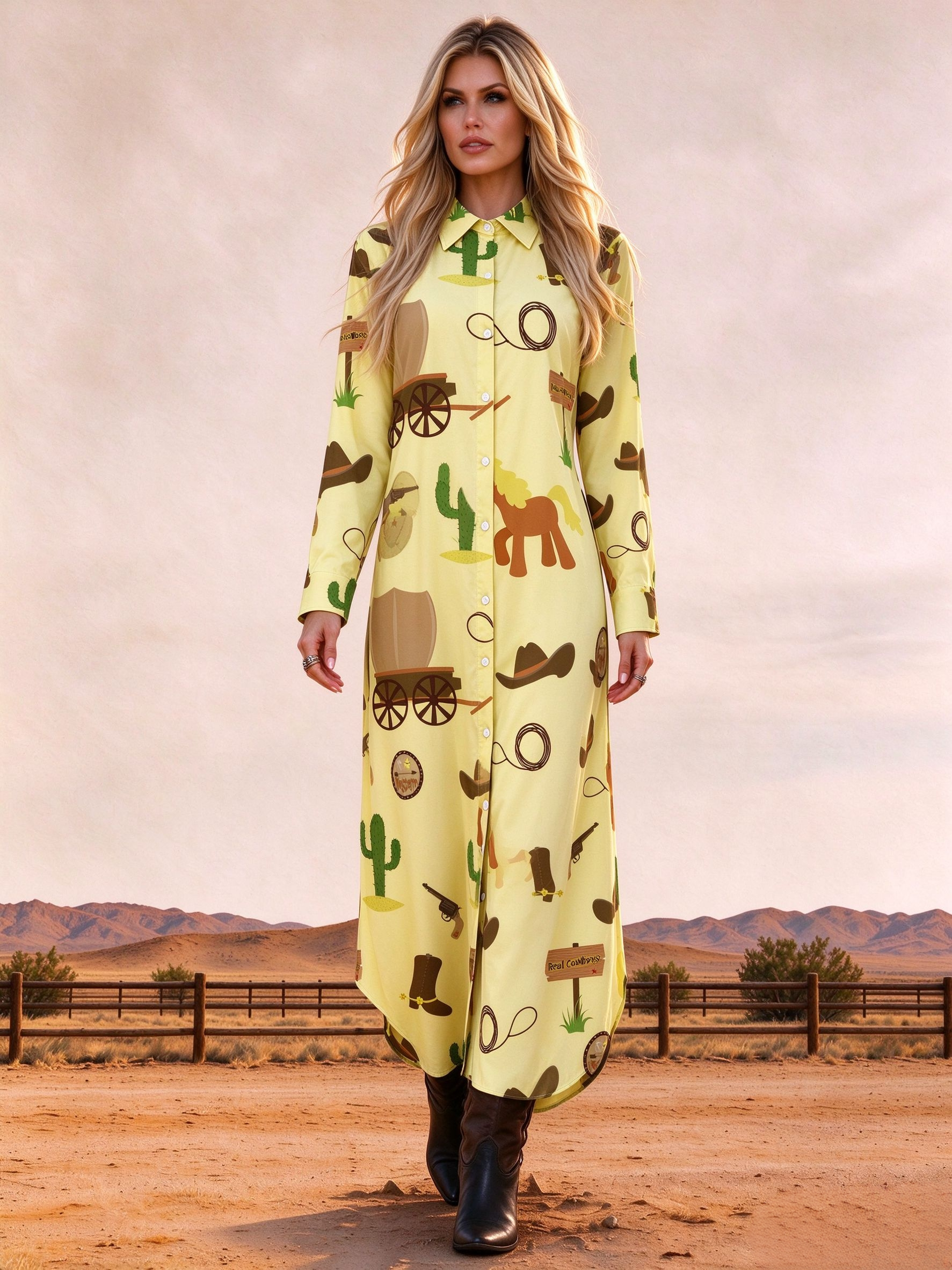 Western Cowboy Cartoon Element Print Long Sleeve Button Down Maxi Shirt Dress