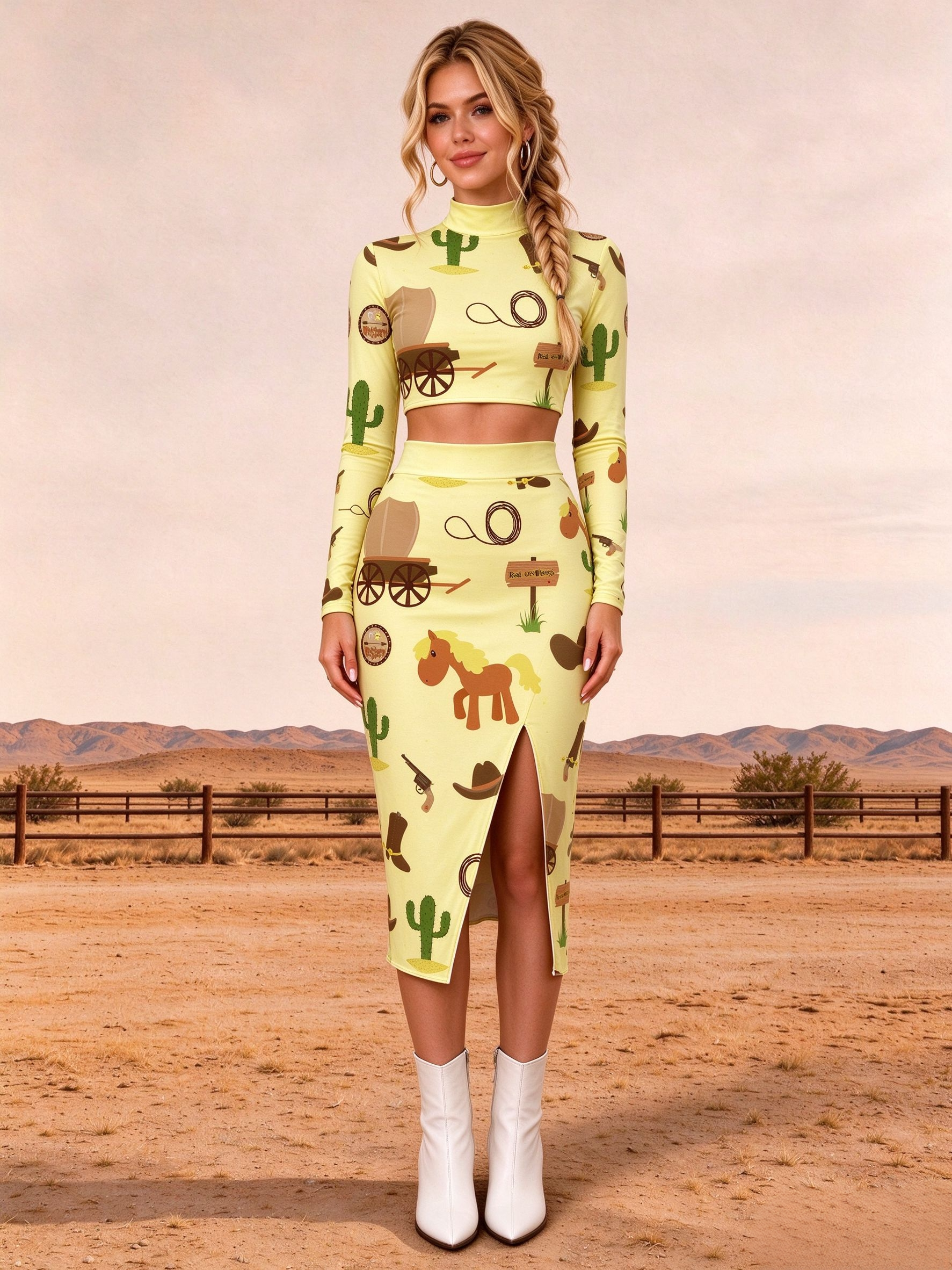 Western Cartoon Cowboy Print Mock Neck Crop Top and Side Slit Midi Skirt 2 Piece Set