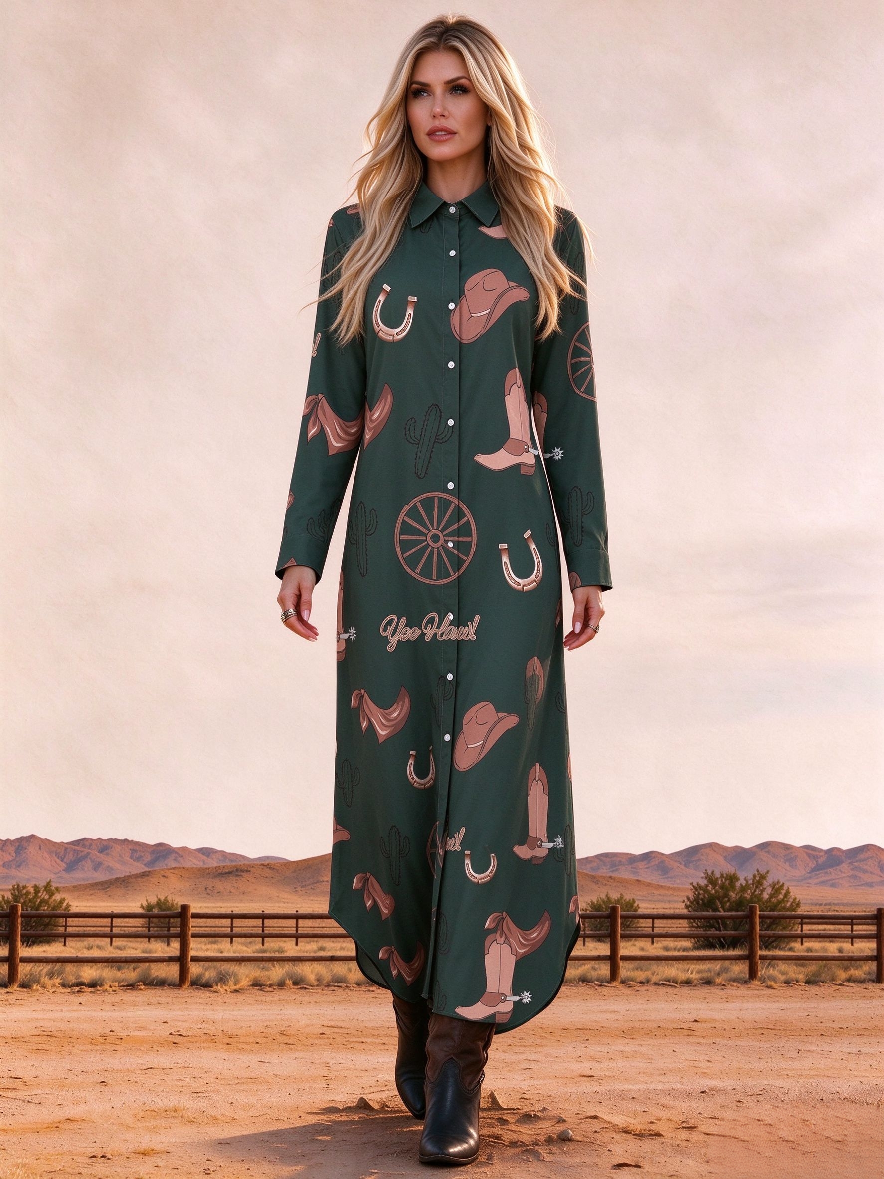Western Dark Green Cowboy Boot Print Long Sleeve Maxi Shirt Dress 