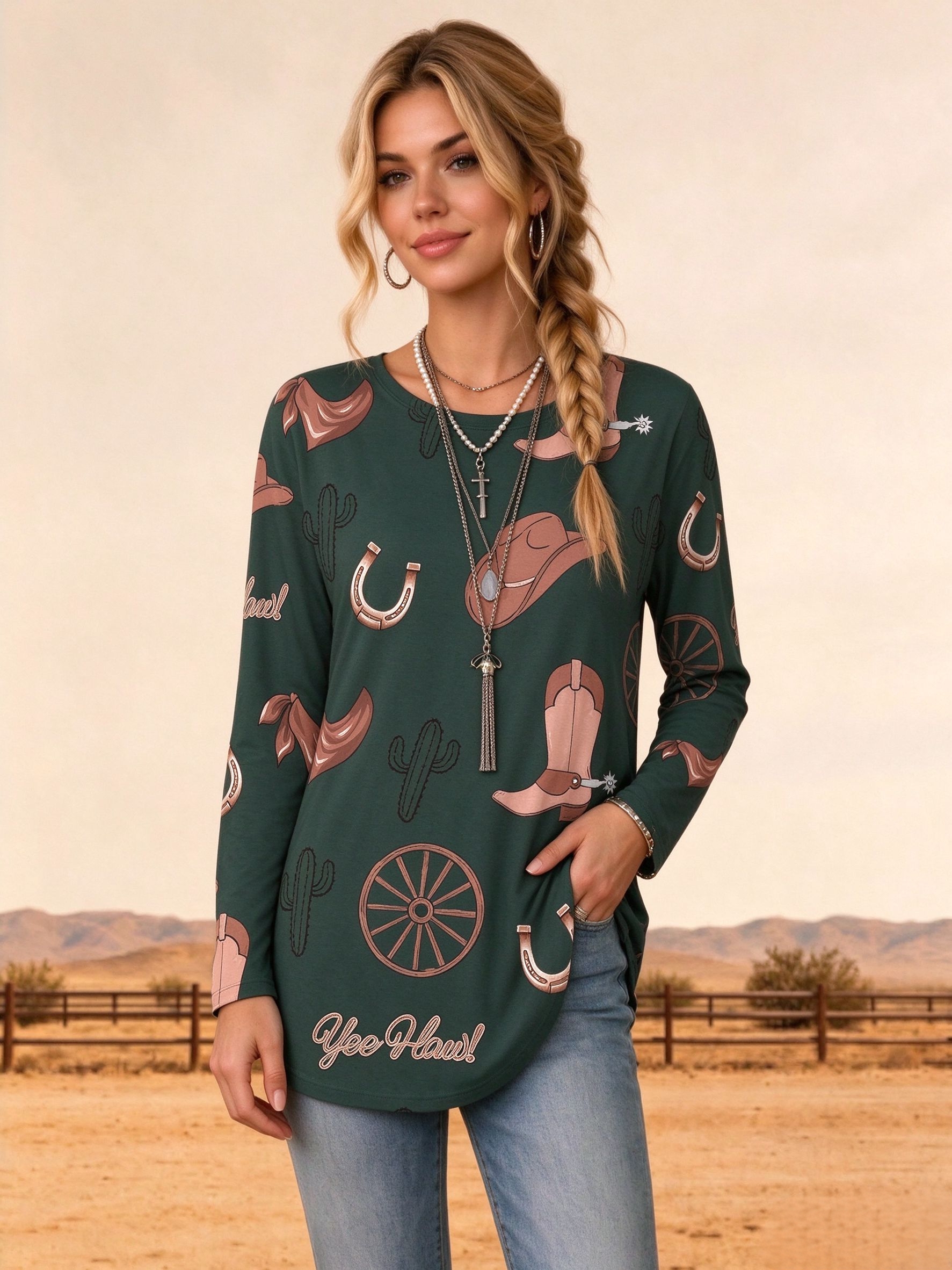 Western Dark Green Cowboy Boot Print Long Sleeve Tunic Tops