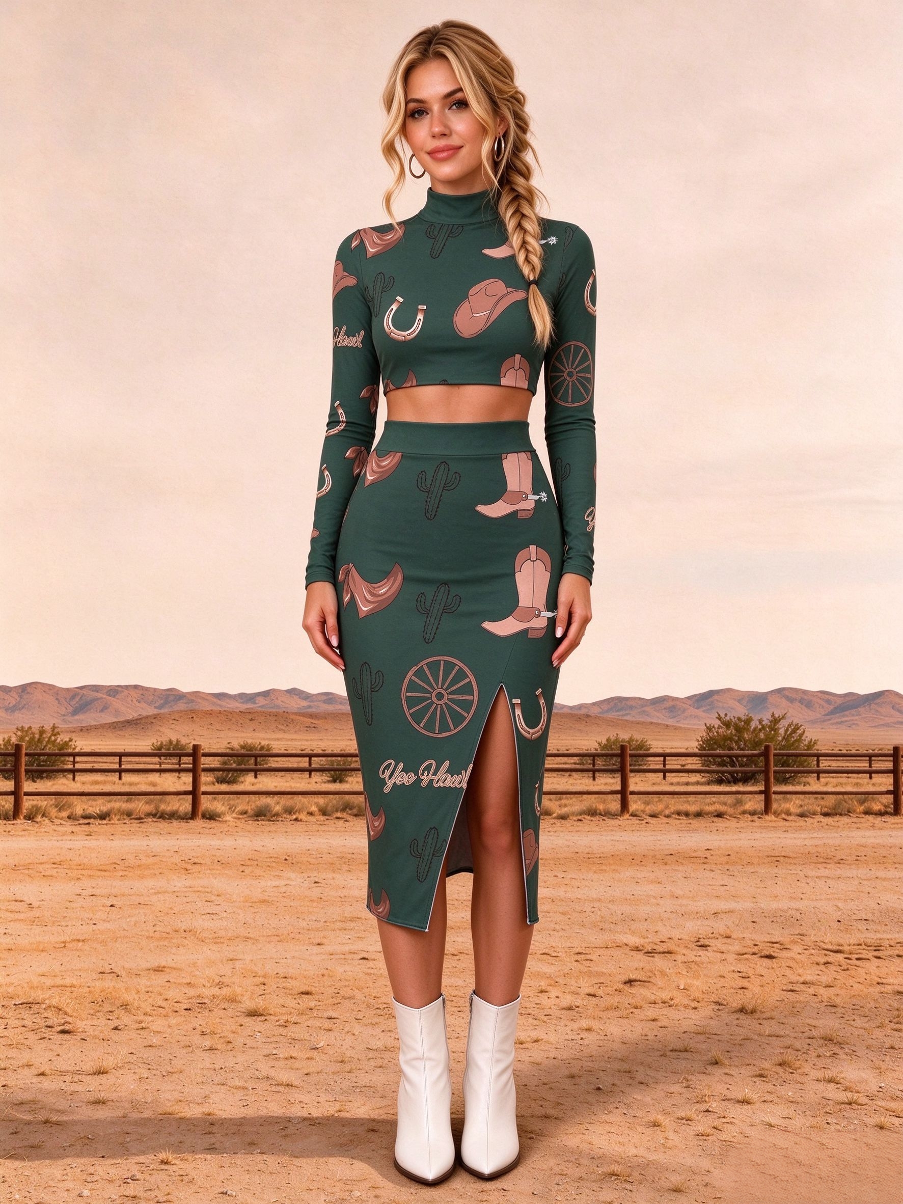 Western Dark Green Cowboy Boot Print Top and Front Slit Midi Skirt Set