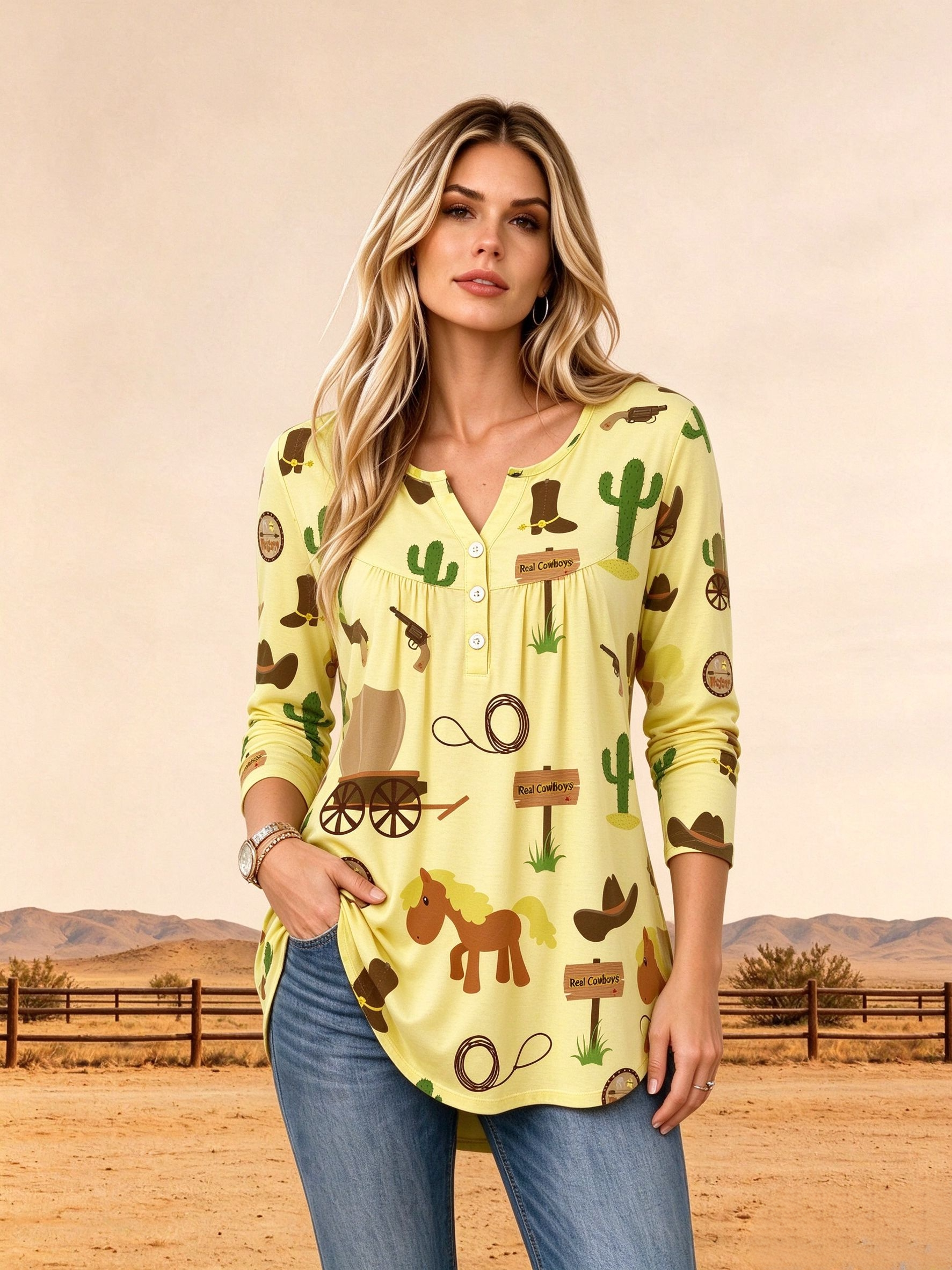Henley V Neck Long Sleeve Cartoon Horse Wagon Print Casual Tunic Top